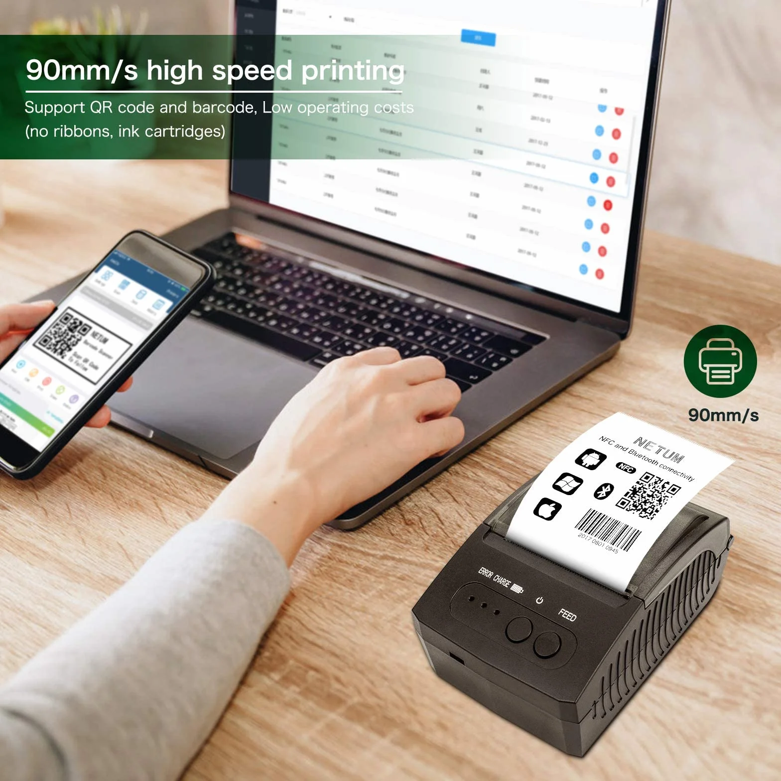 NETUM Imprimante de Reçus Bluetooth, Mini Imprimante Thermique Portable 58 mm Compatible Android/Windows