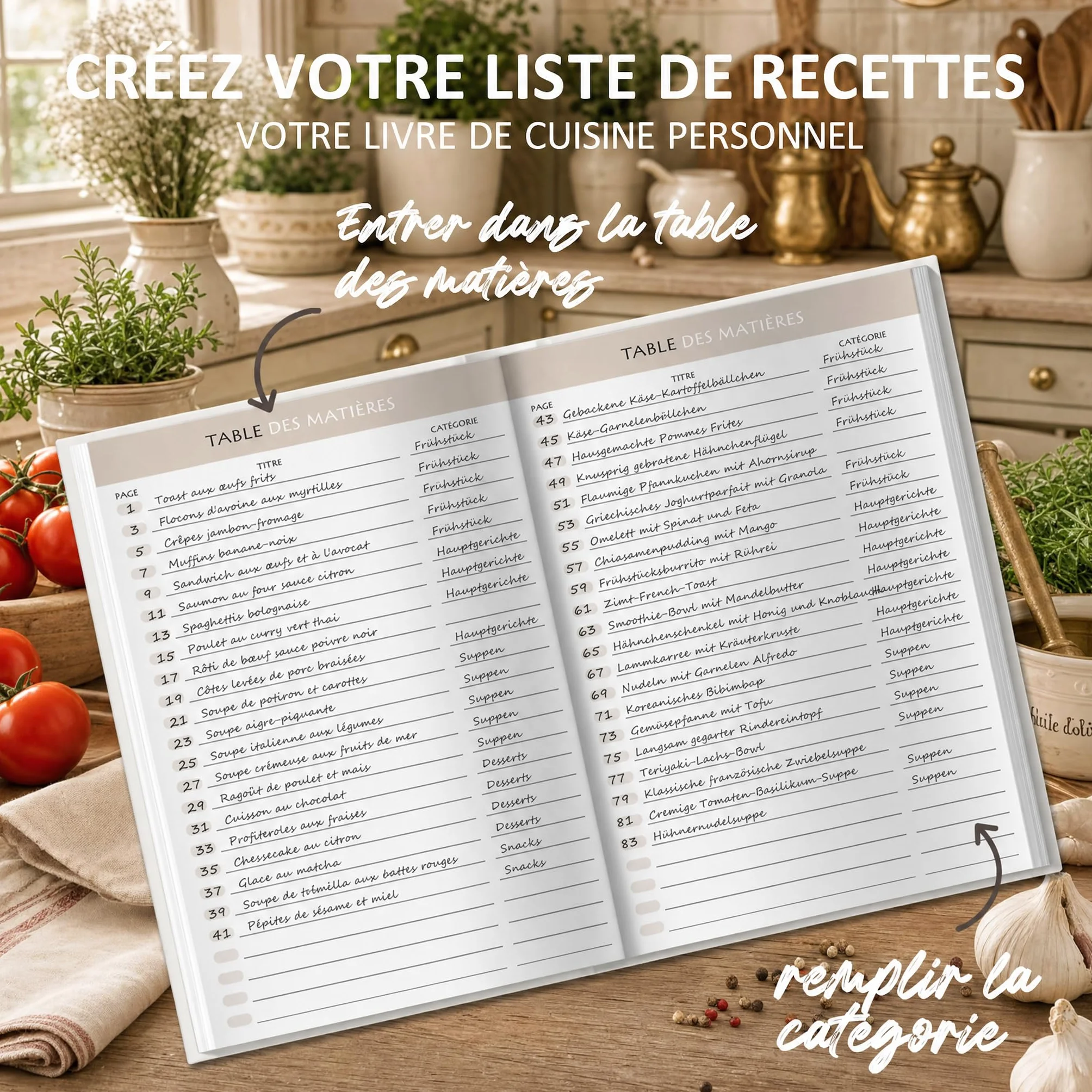 Carnet de recette à remplir A5, cahier de recettes vierge 100 recettes, livre de recettes cuisine