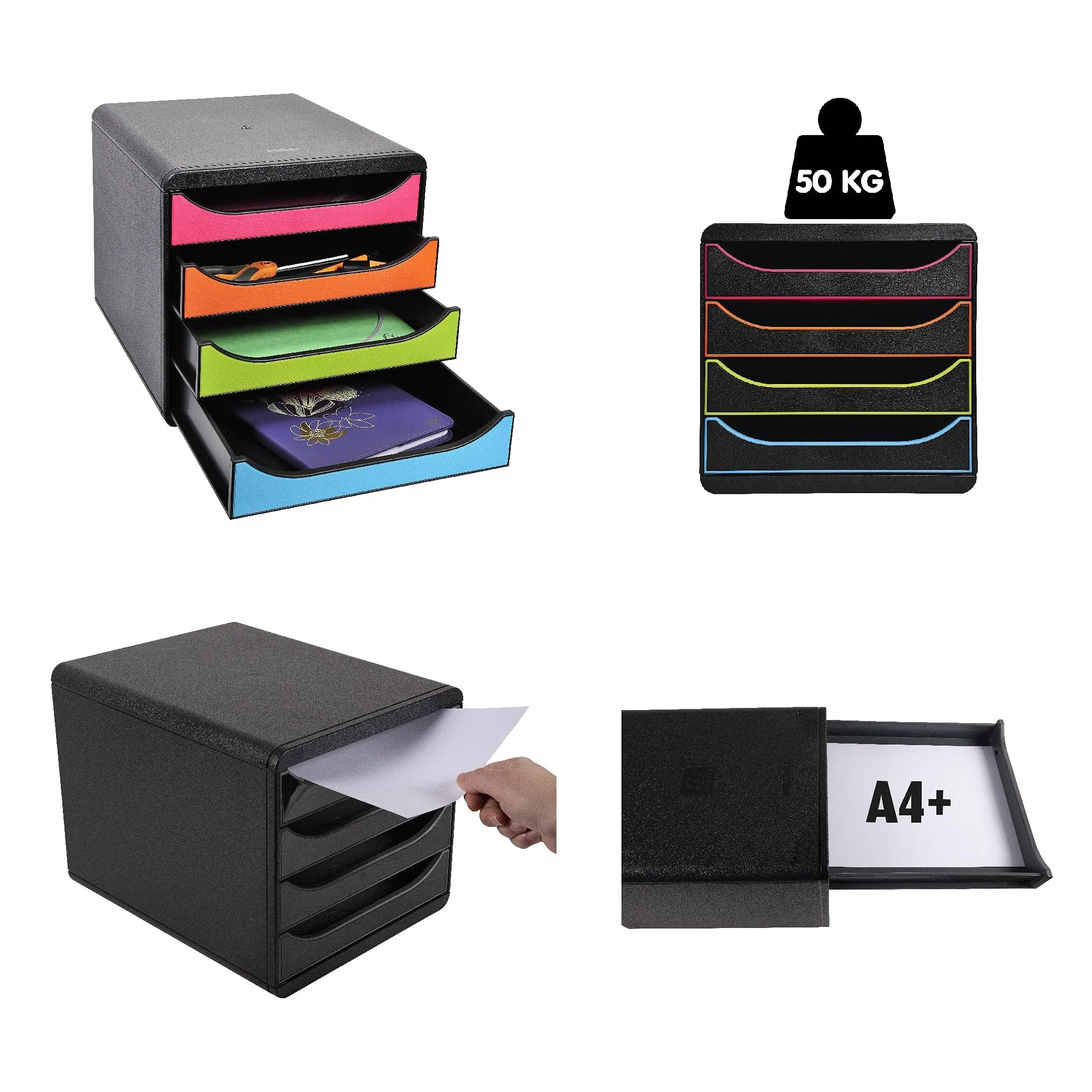 Exacompta POP-BOX Caisson 4 tiroirs fermés pour document A4+ Noir/arlequin