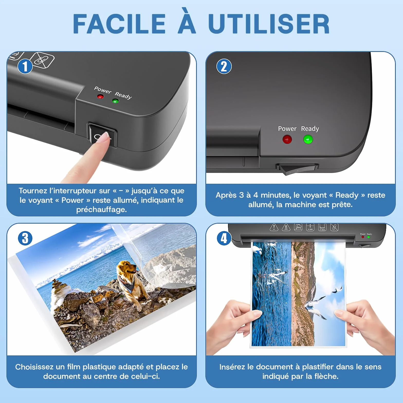 Plastifieuse A4 Thermique 70-100 Microns avec 15 Pochettes pour Bureau Maison École Noir