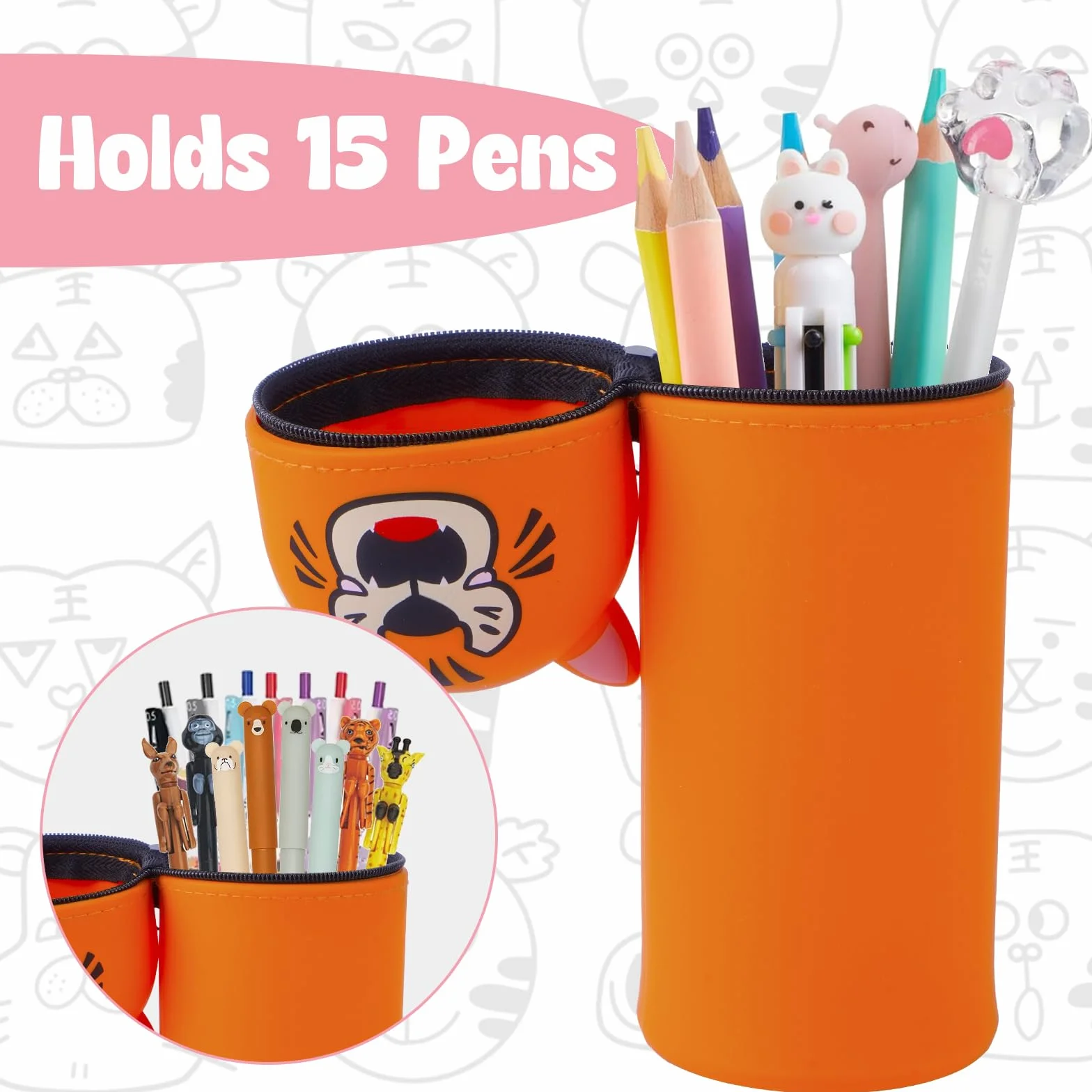 Trousse Scolaire en Silicone Télescopique Kawaii Tigre 2 en 1 avec Fermeture Eclair