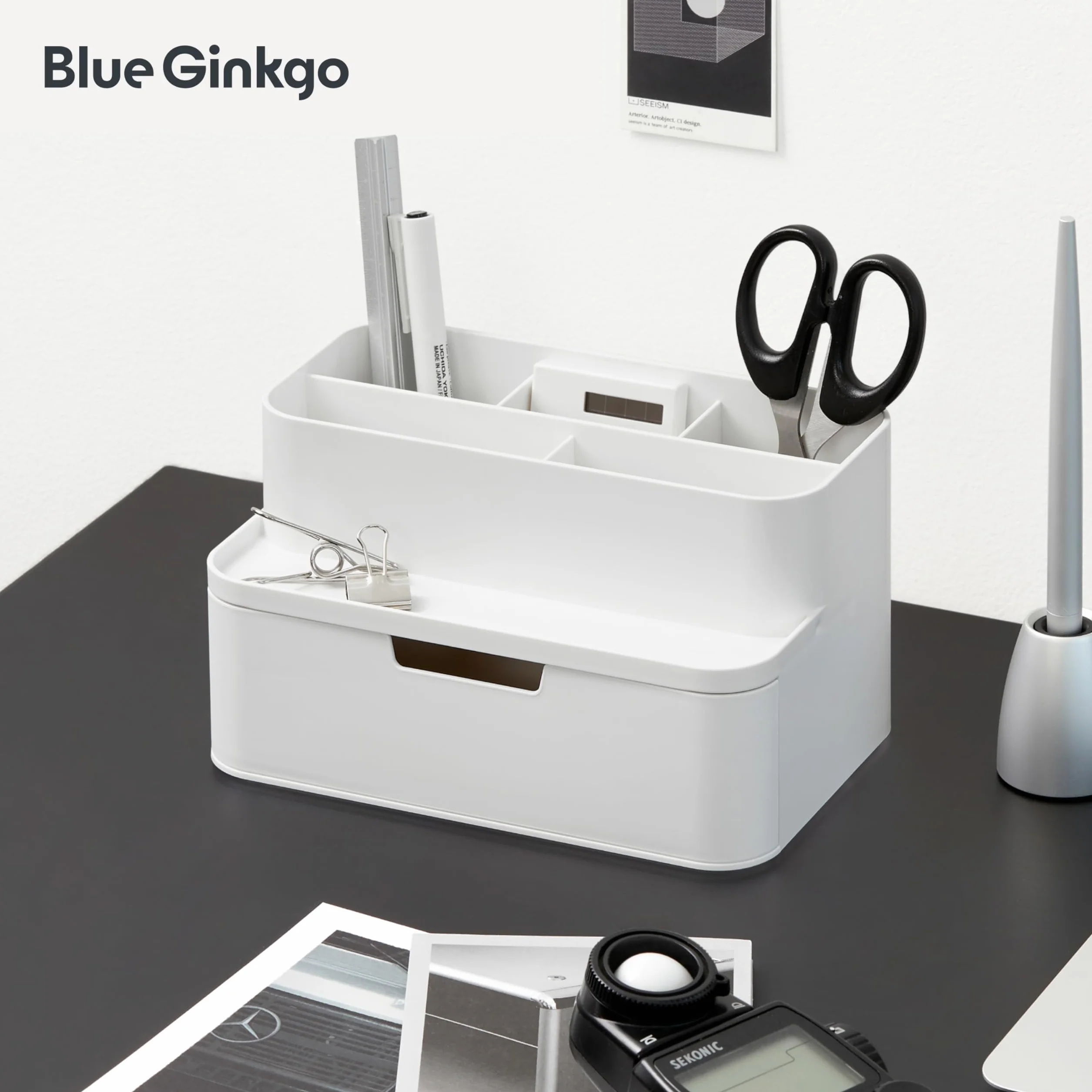 BLUE GINKGO Organisateur de Bureau Compact 5 Compartiments Demi-tiroir Porte-stylos Fabriqué en Corée Blanc