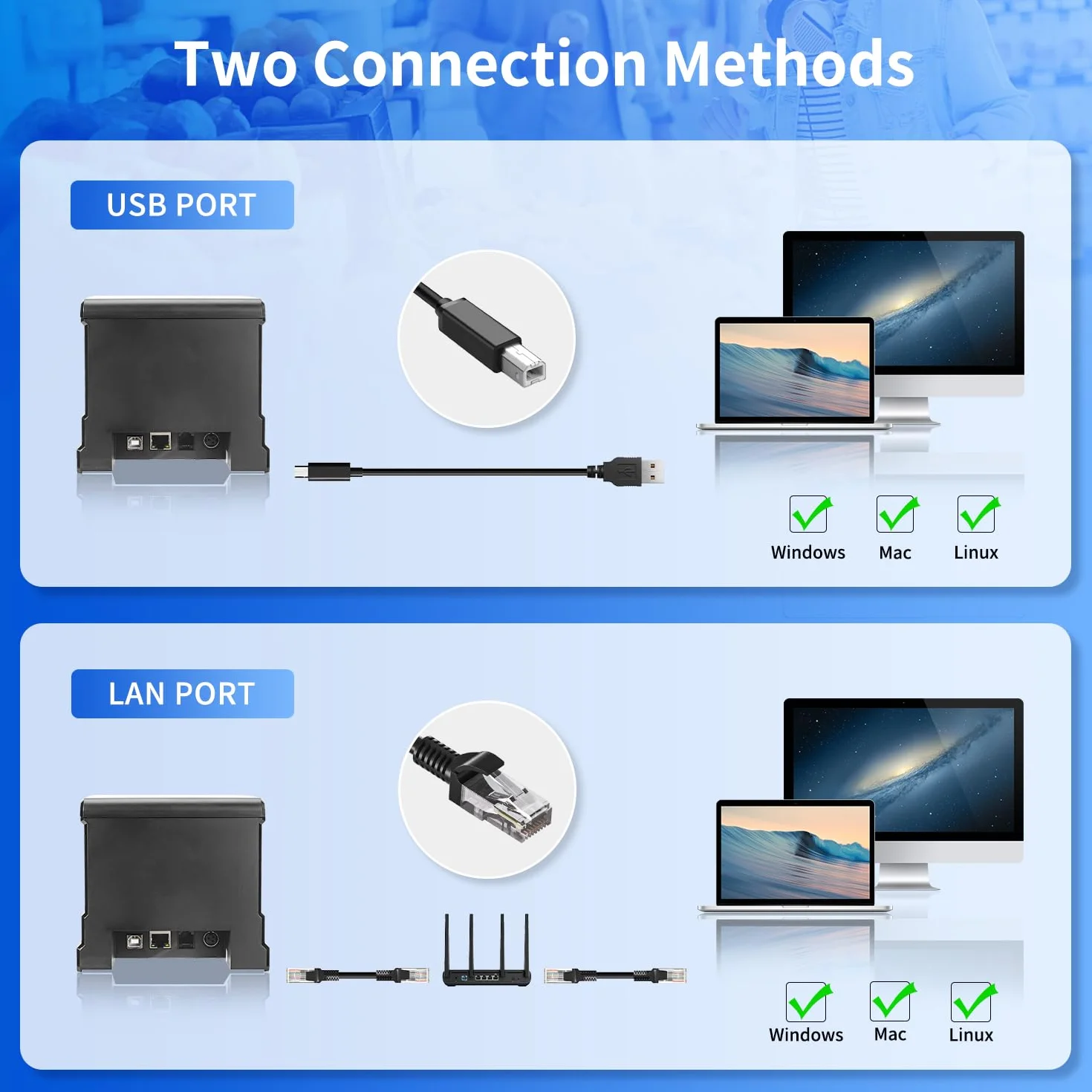 NetumScan Imprimante de reçus POS 80mm Thermique USB 300mm/s Coupe Automatique