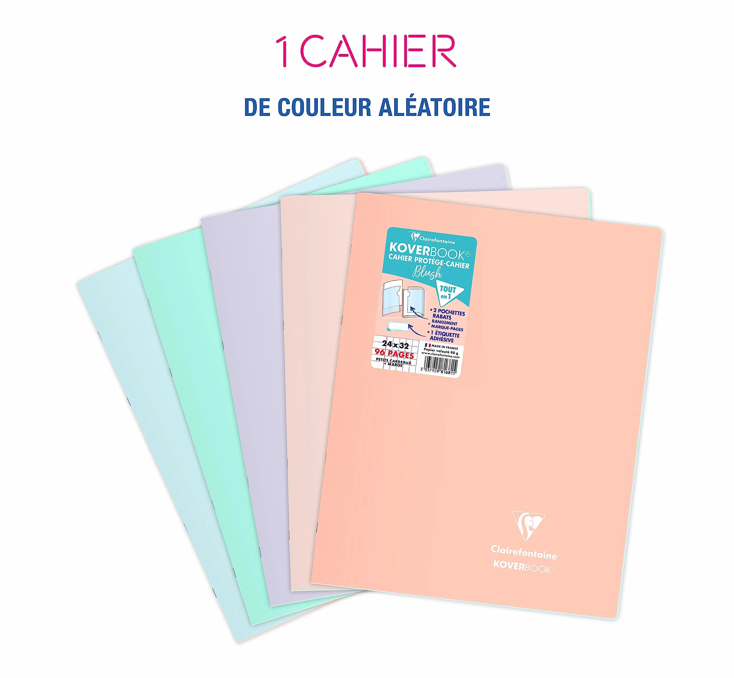 Clairefontaine Koverbook Blush Cahier Agrafé 24x32 cm 96 Pages Petits Carreaux avec Marge Papier 90 g Couverture Polypro Opaque