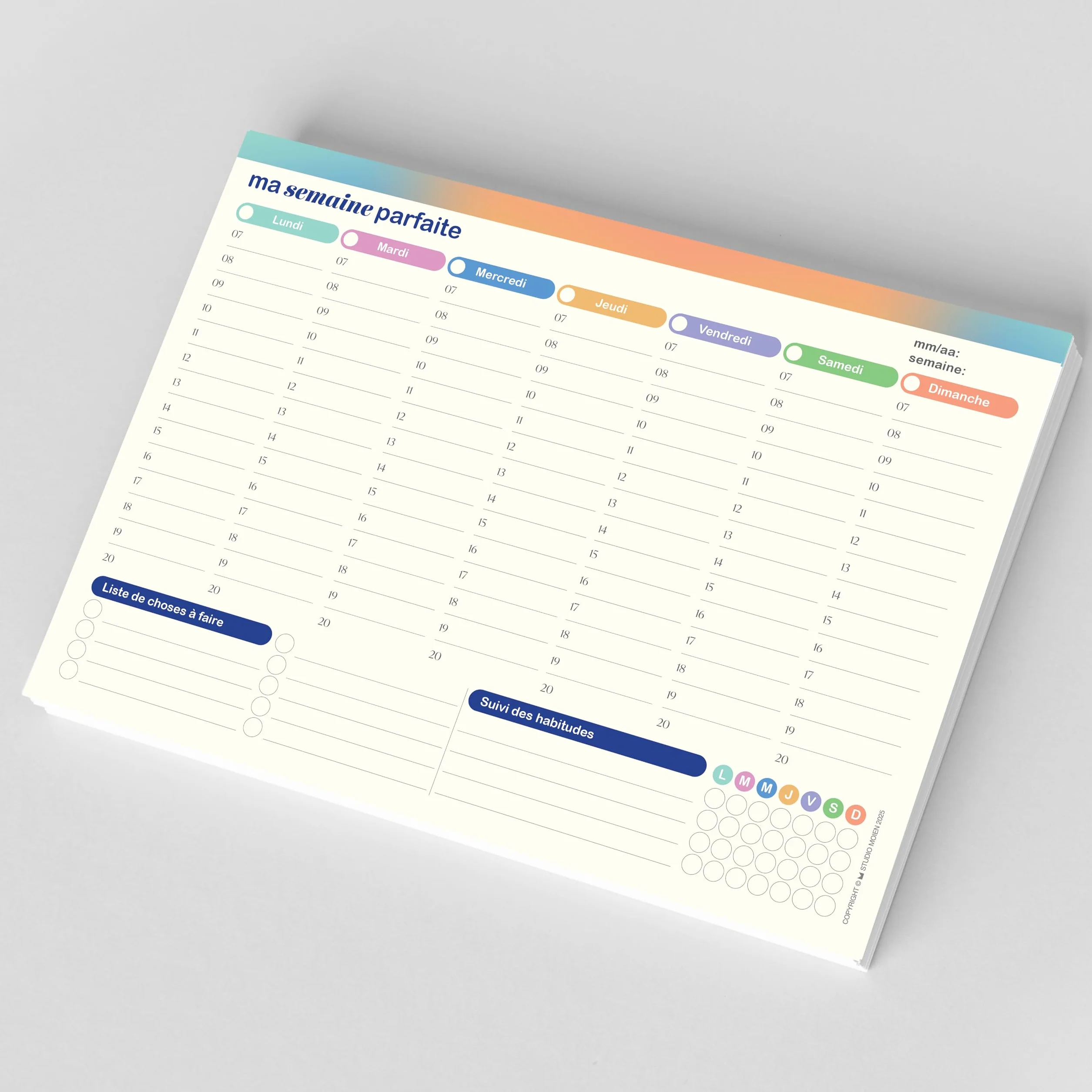 Lot de 50 feuilles de planificateur hebdomadaire A4 29,7 x 21 cm - Sous-main de bureau - Liste des tâches - Suivi des habitudes - Sans date fixe (français)