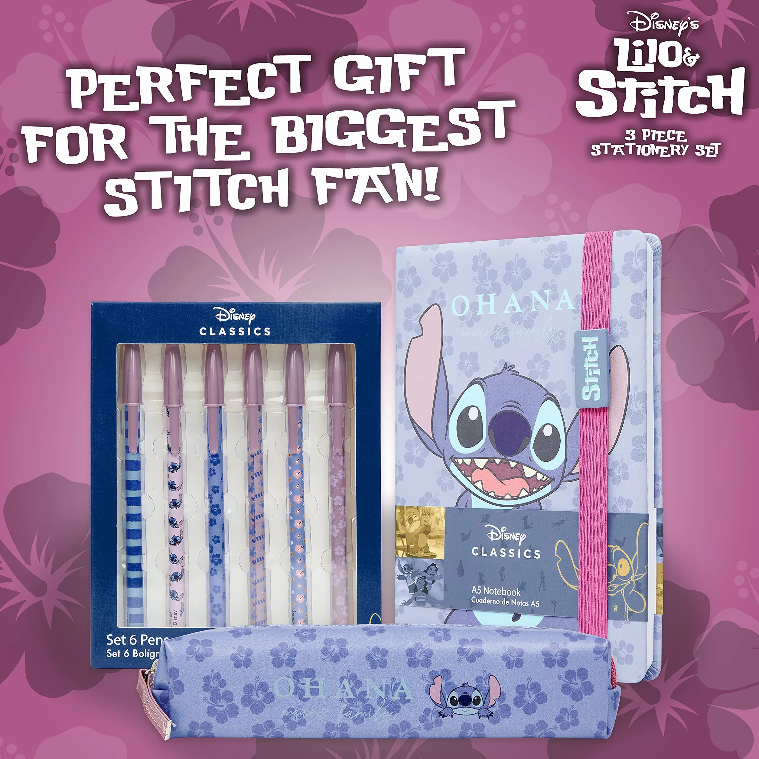 Disney Stitch Set de Fournitures Scolaires, Carnet Trousse Stylo Bille Crayons Couleur Bloc notes Accessoires Bureau École Bleu