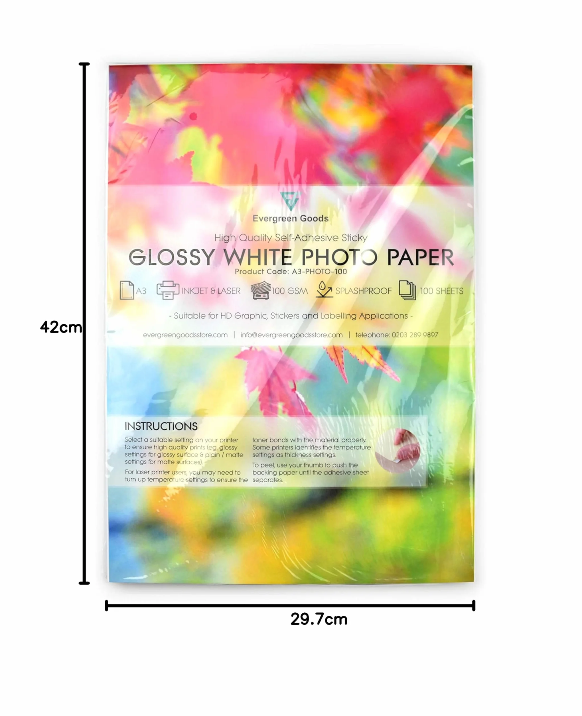 Evergreen Goods A3 100 feuilles Papier Photo Autocollant Blanc Brillant Imperméable