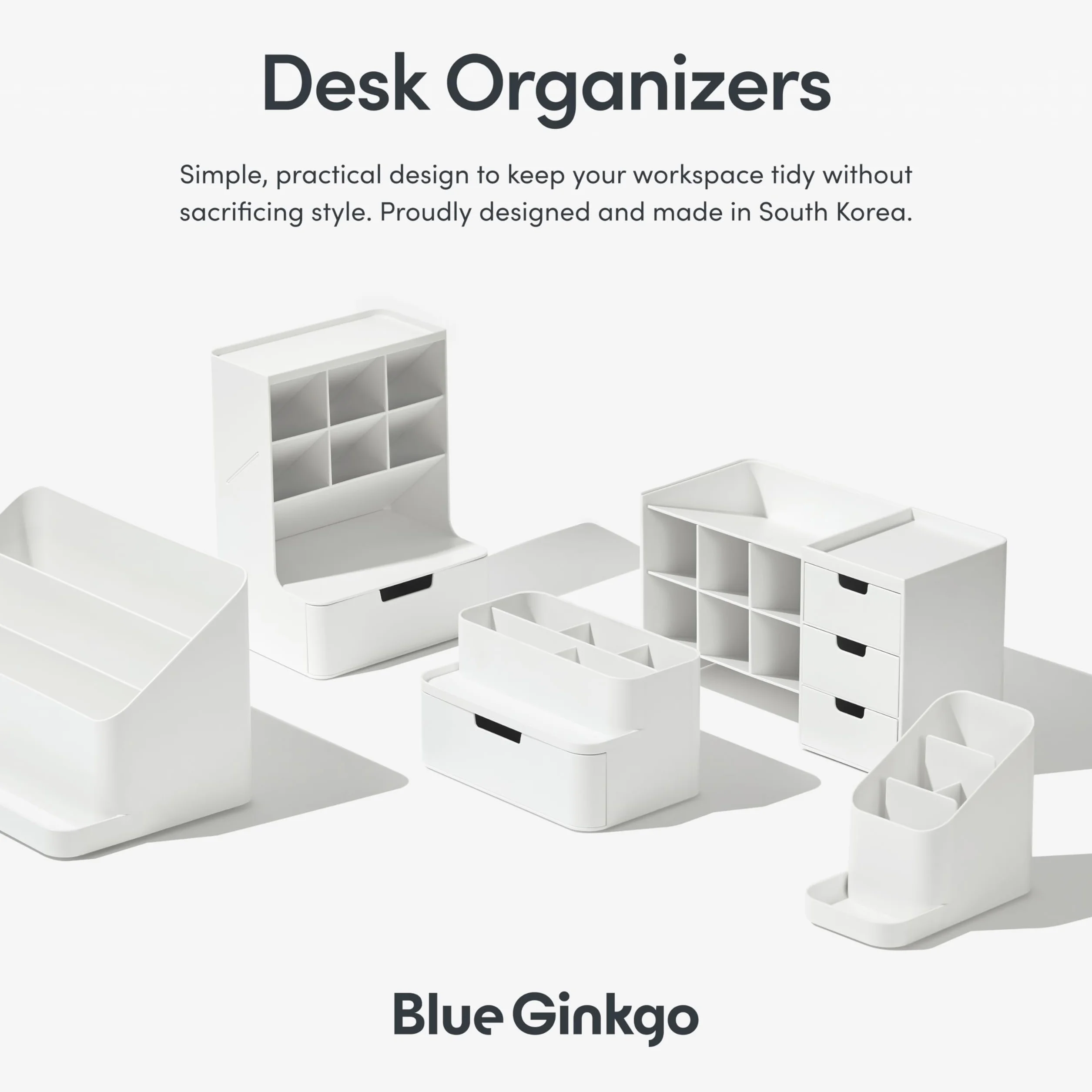 BLUE GINKGO Organisateur de Bureau Compact 5 Compartiments Demi-tiroir Porte-stylos Fabriqué en Corée Blanc
