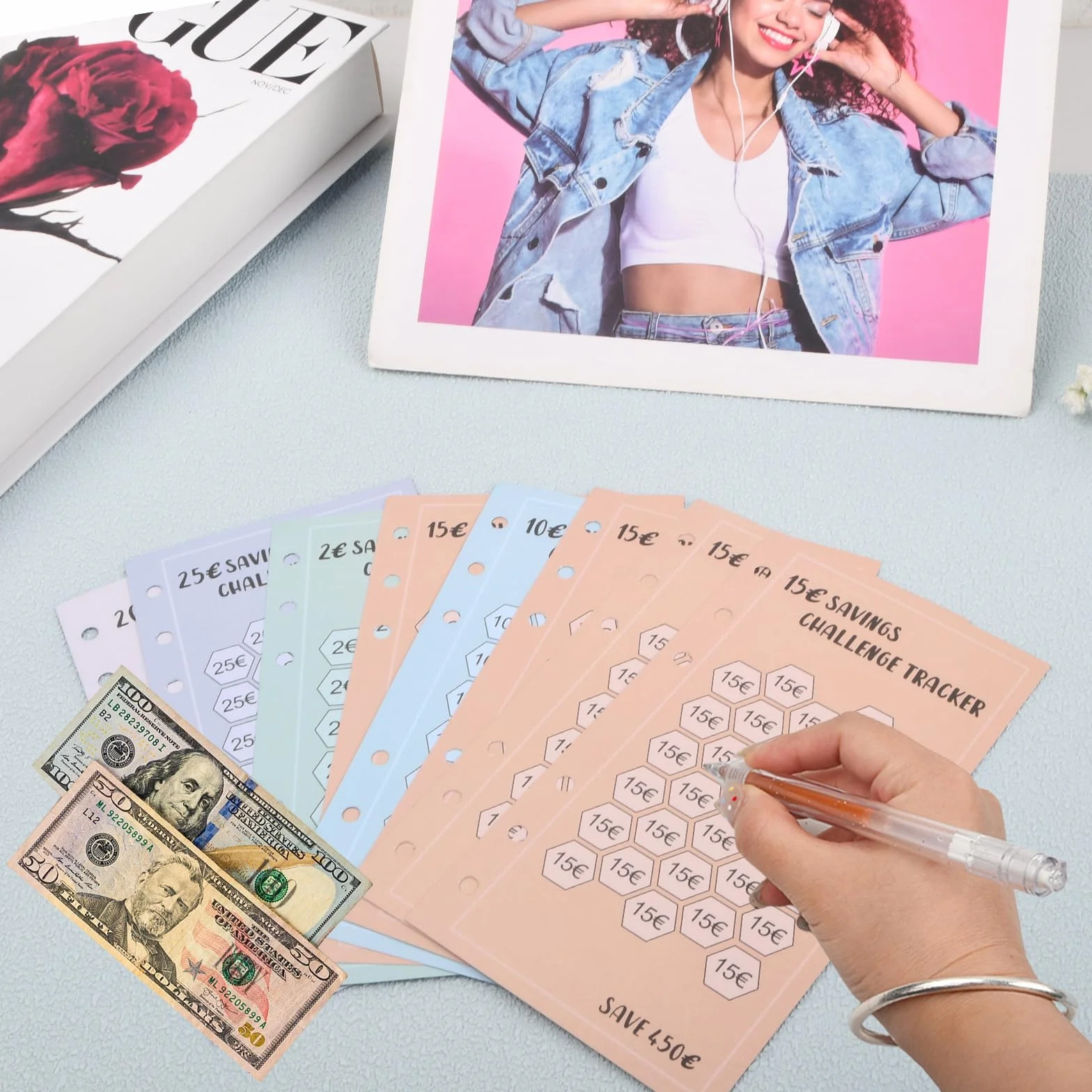 Lot de 48 Feuilles de Budget A6, Classeur Budget Set de Défi, Suivi de Budget 6 Trous Tracker