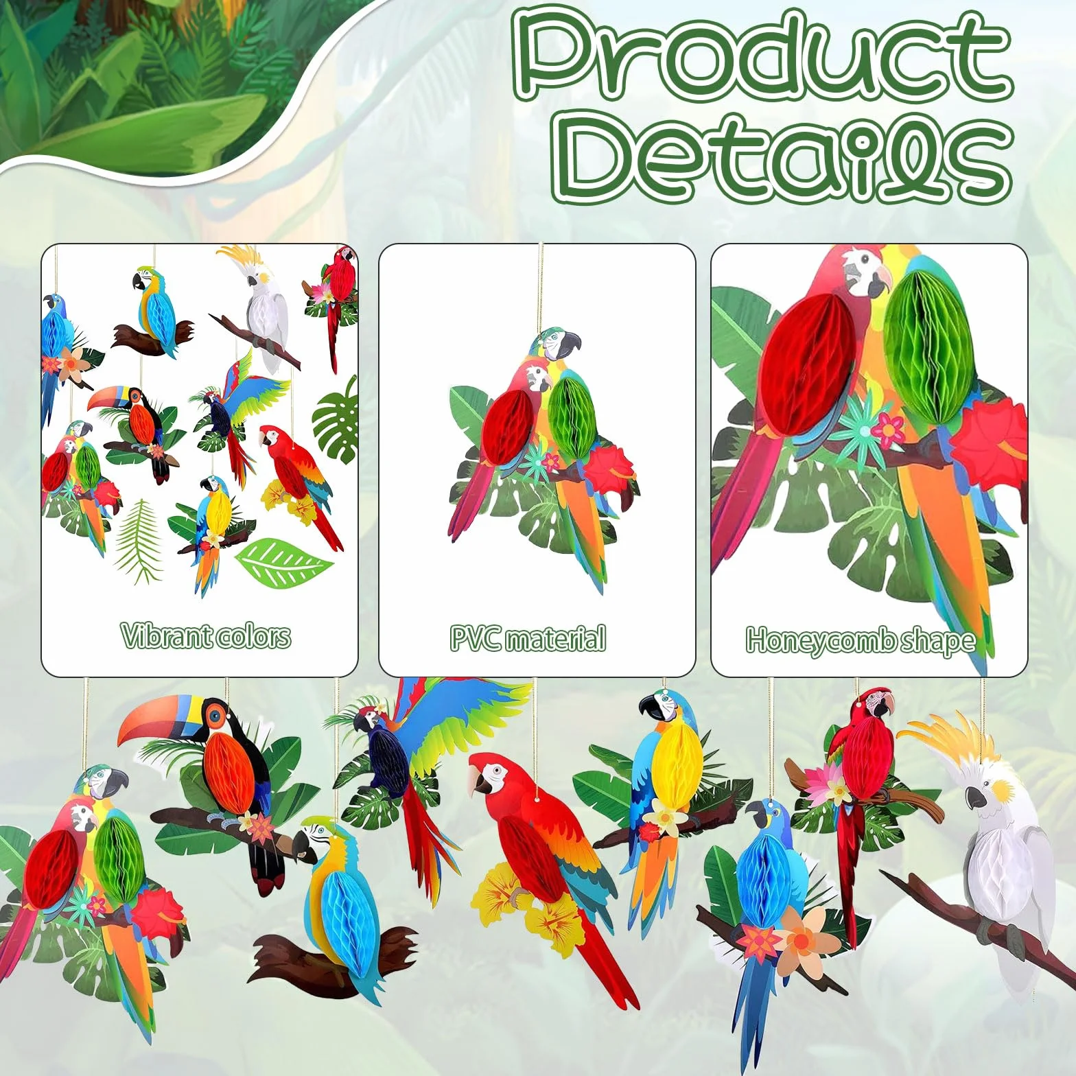 12 pièces Oiseaux tropicaux Découpages en nid d'abeille Suspendu Papier perroquet Décorations Fête Luau