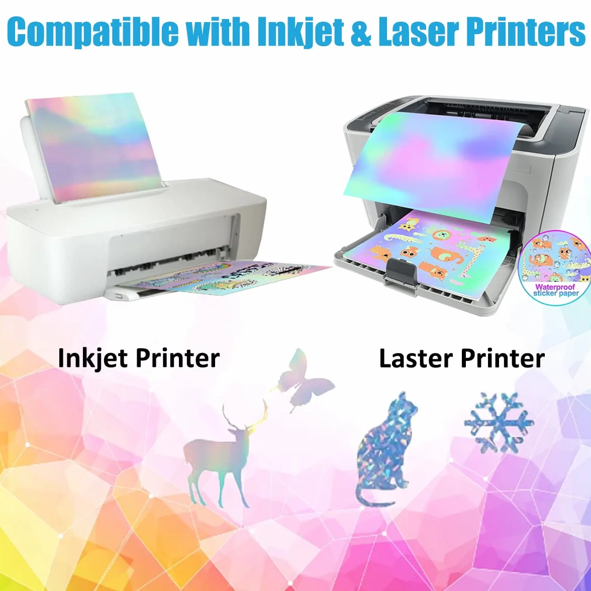 Papier autocollant holographique imprimable A4 30 feuilles 6 motifs imperméable