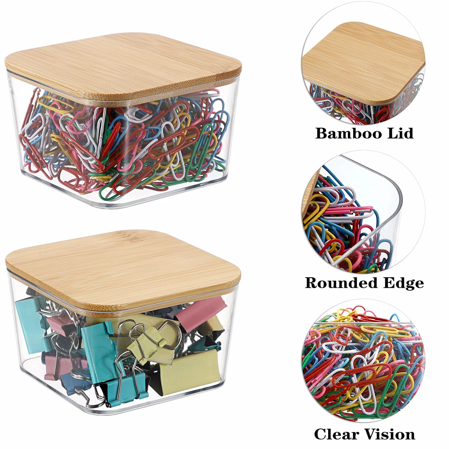 Organisateur de bureau Distributeur de trombones boîte en plastique couvercle bambou 7,7 cm