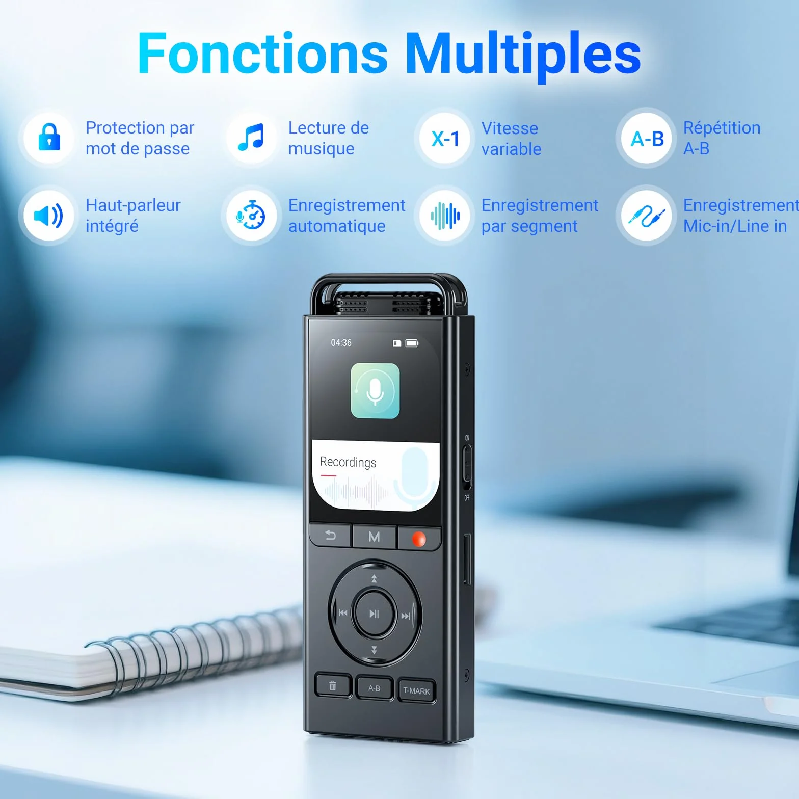 Dictaphone Enregistreur Vocal Numérique 144 Go, Audio HD 3072 Kbps, Réduction du Bruit