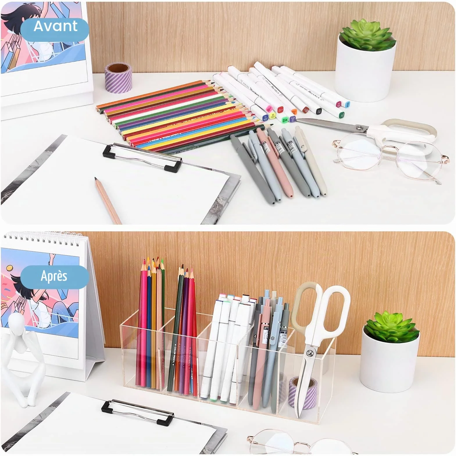 Pot à crayon acrylique transparent 5 compartiments porte-stylo rangement pinceaux maquillage organisateur bureau
