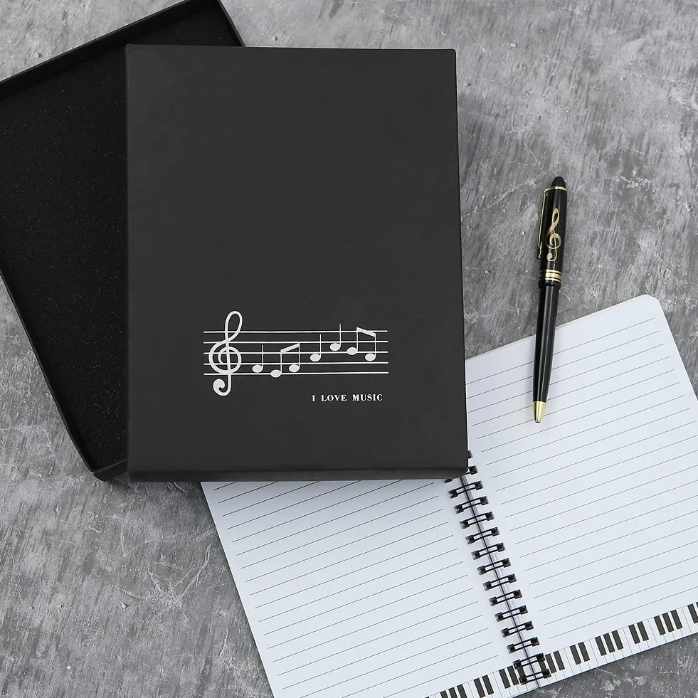 Boerni Musique Piano Melody Thème Papeterie Coffret Cadeau, Piano Wirebound Journal avec Treble Clef Design Roller Ball Pen