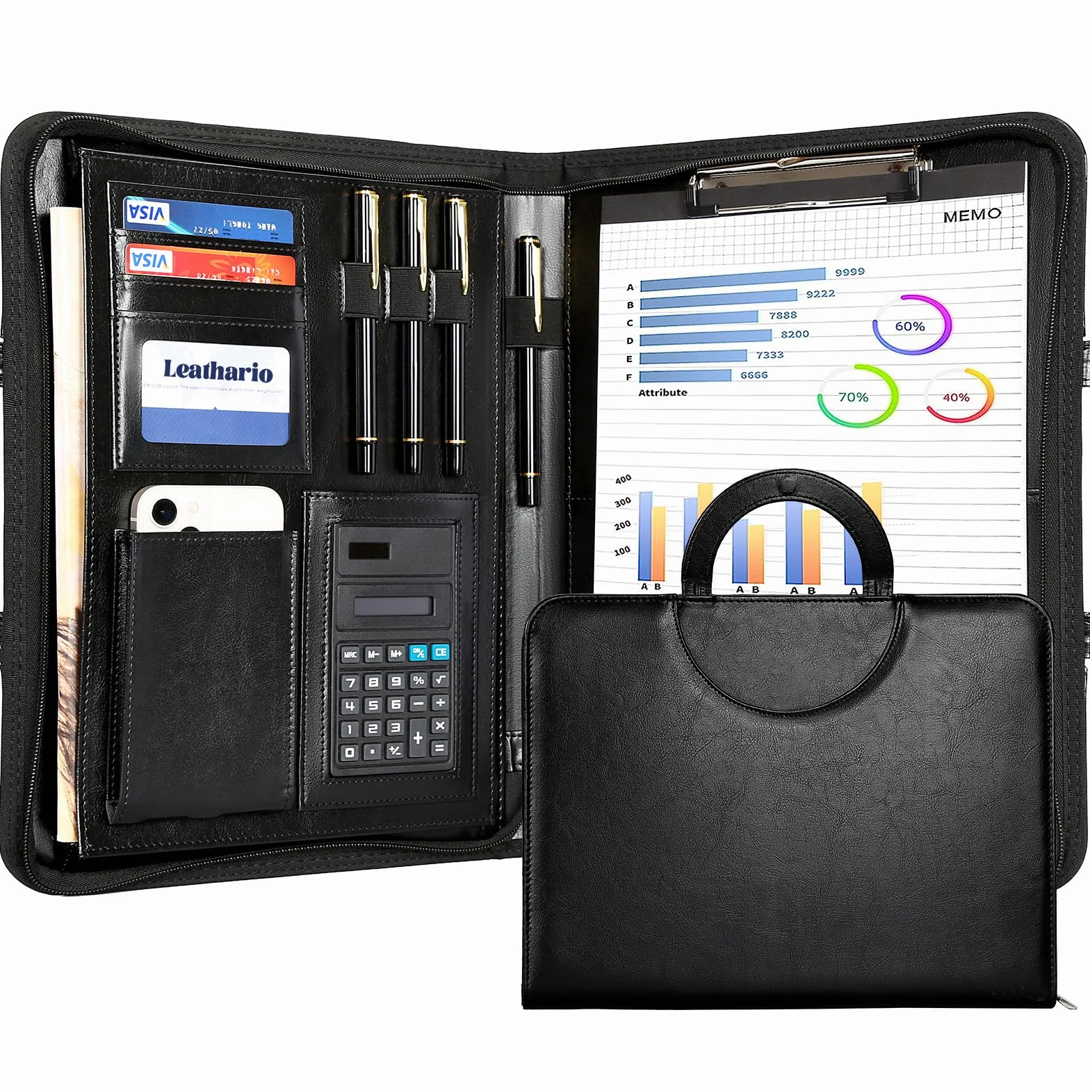 Porte Document A4 en Cuir Noir PU Leathario Portfolio Organiseur de Bureau