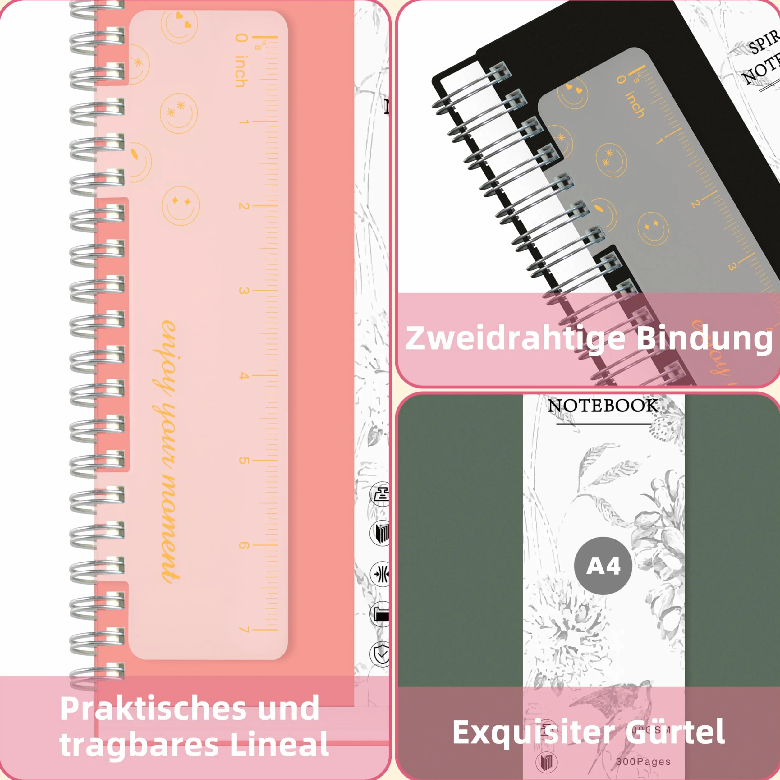 Carnet A5 Ligné 300 Pages Spirale Papier 100g/m² Couverture Rigide PVC 14,5 x 21 cm Vert