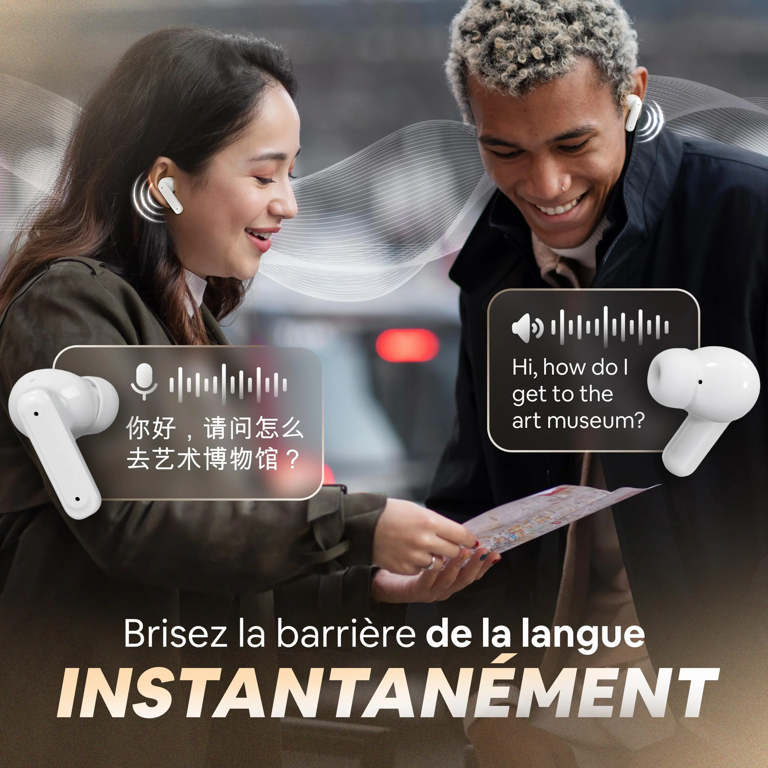 Traducteur Vocal Instantané IA 158 Langues - Écouteur Traduction Temps Réel iOS Android ANC Boîtier Écran Tactile