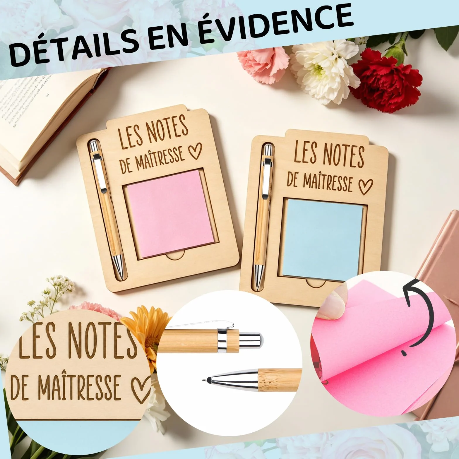 Ensemble 6 Pièces Porte-Notes En Bois Avec Stylos Et Pense-Bête, Cadeau Enseignante Original