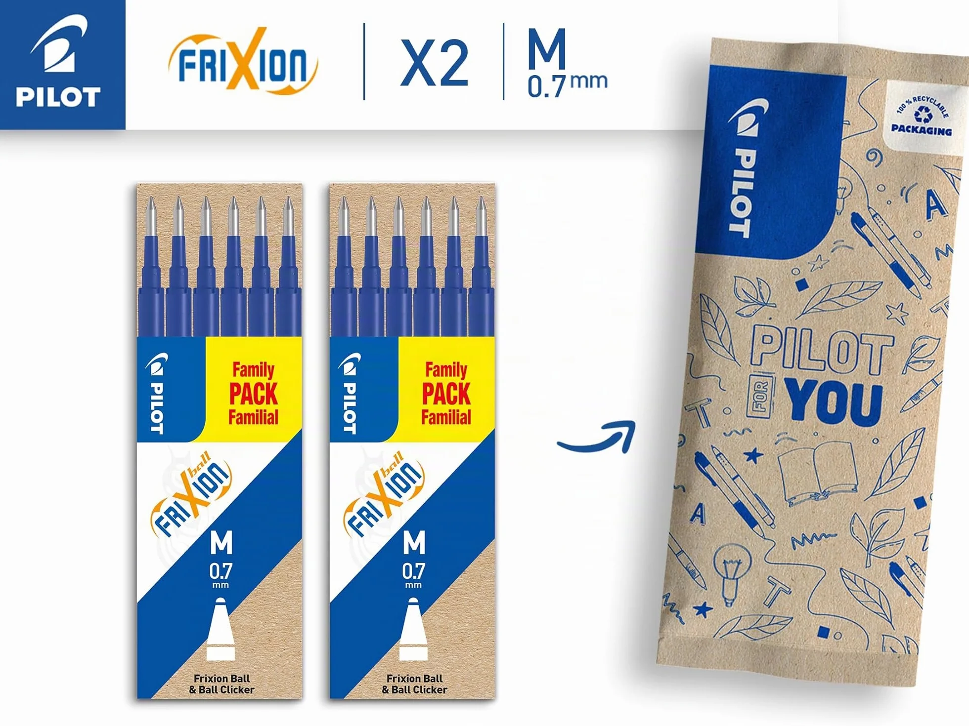 PILOT FriXion Recharges Stylo Effaçable 2 Etuis de 6 Bleu Pointe Moyenne Compatibles FriXion Ball Clicker