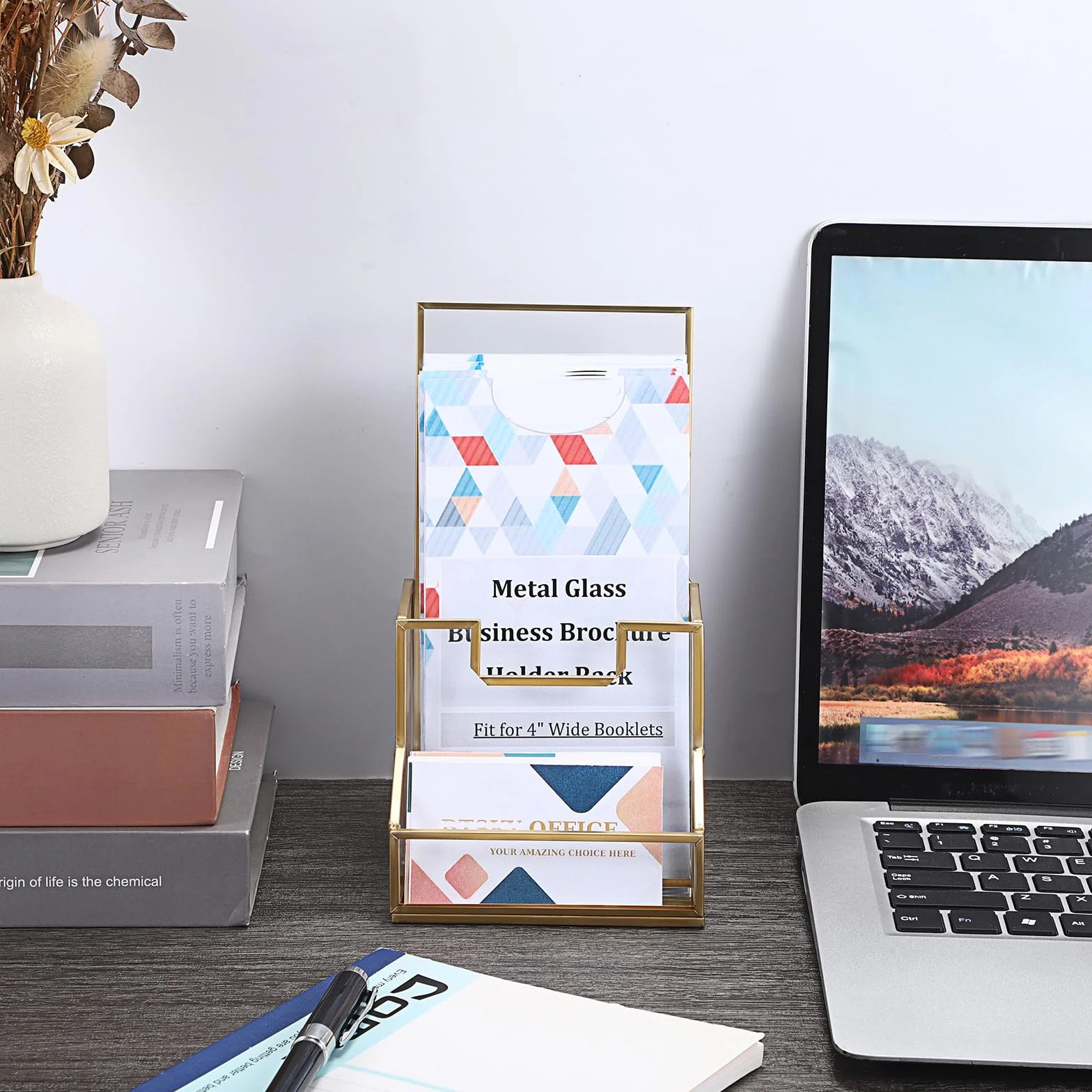 SUMTree Porte-brochures en métal et verre A6 avec porte-cartes support affichage 11x11x20cm