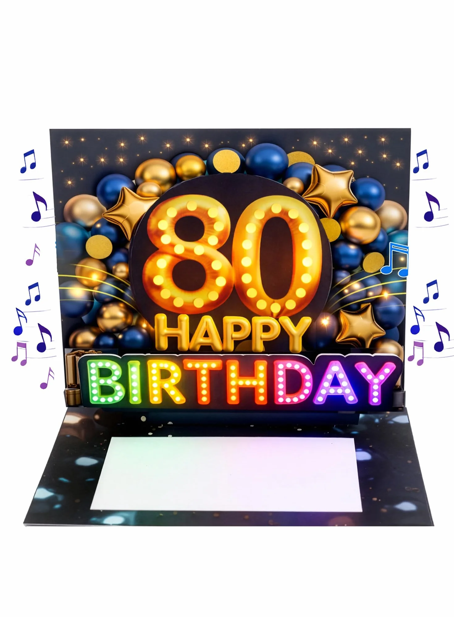 Carte anniversaire 80 ans avec musique et lumière – Carte pop up 3D pour homme, 20 x 15 cm, enveloppe et autocollant