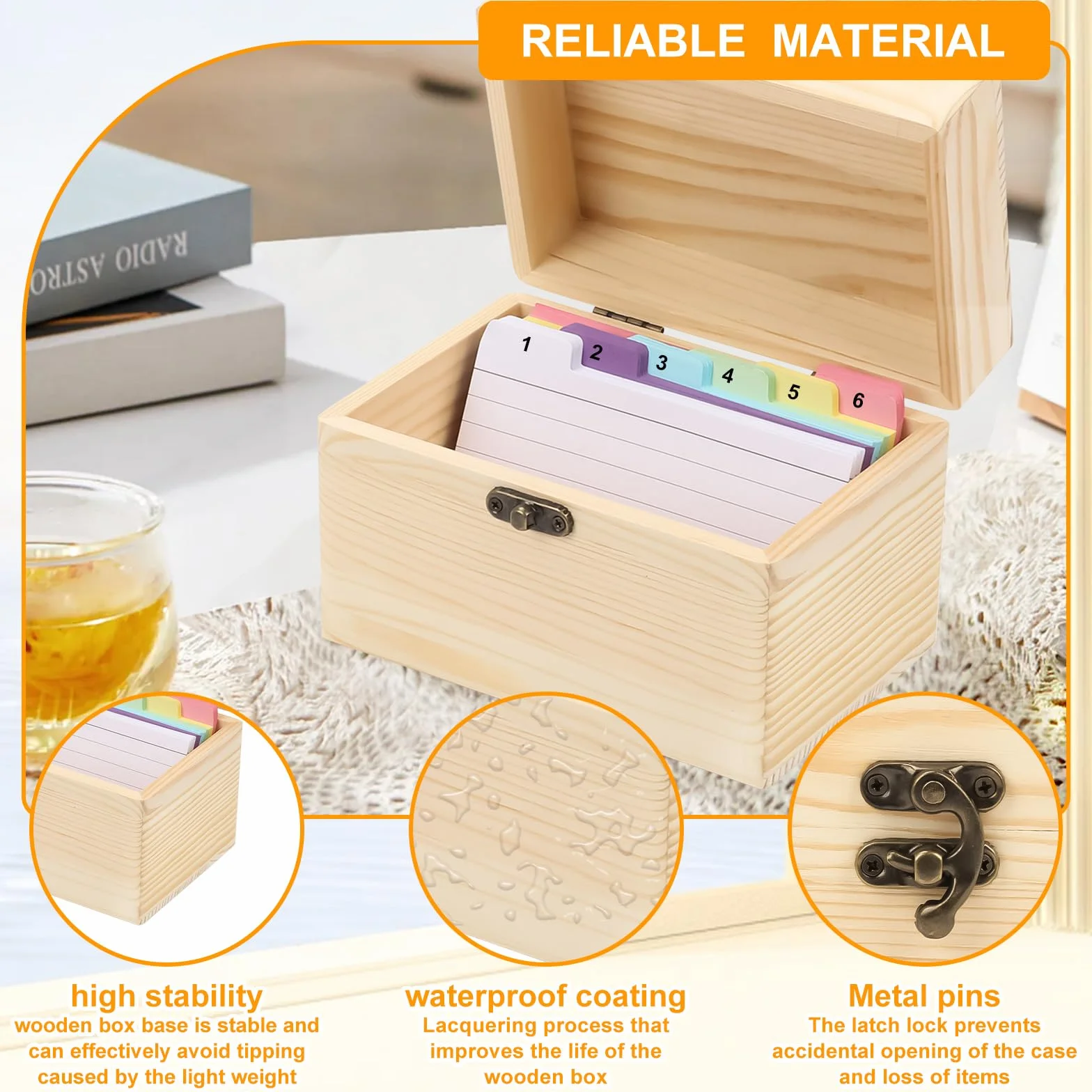 Caisse en bois A6 robuste 15 x 10,4 x 10 cm avec 150 jetons boîte de recettes pour voyage vocabulaire apprentissage