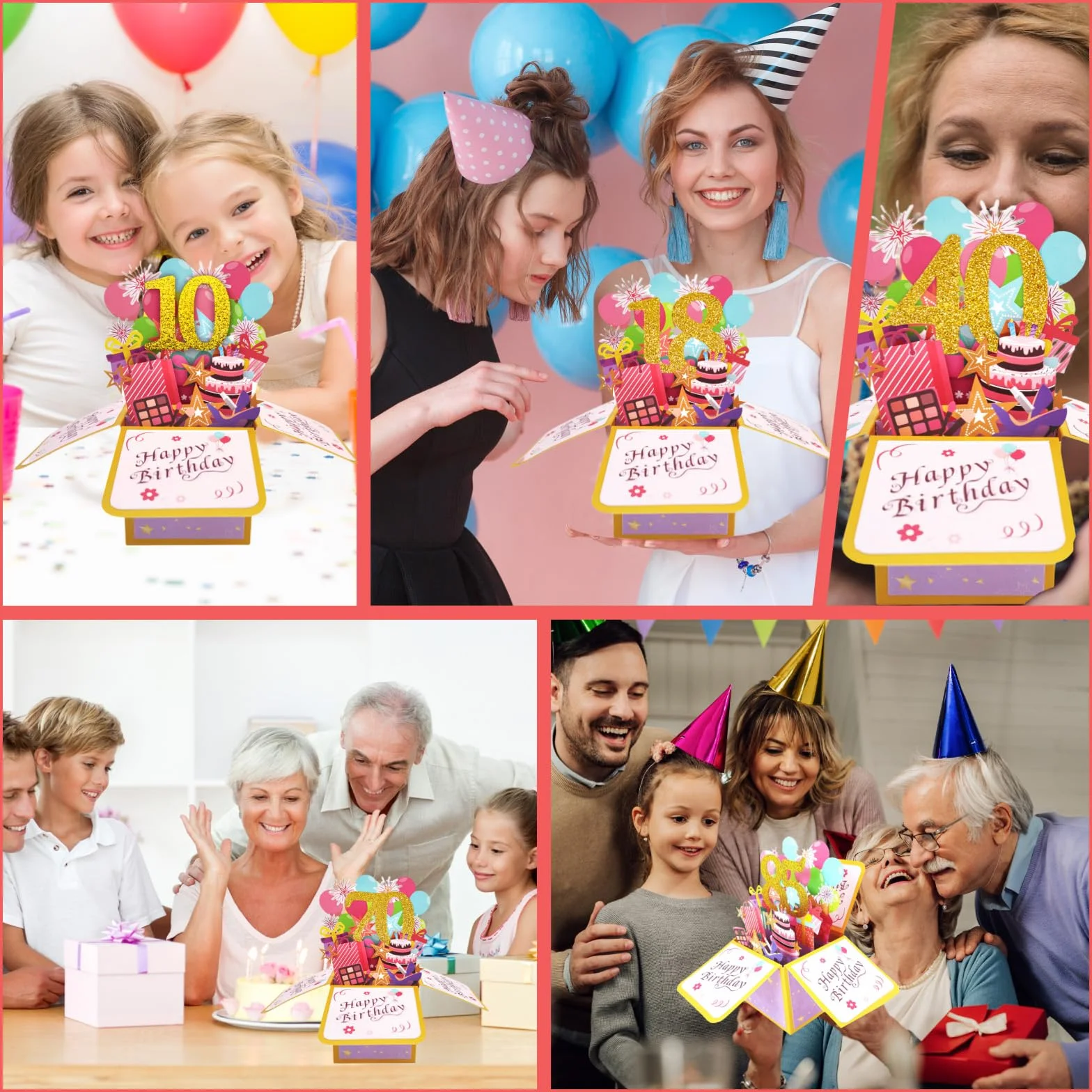 Carte Pop Up Anniversaire 10 Ans Or Rose 3D avec Enveloppe pour Fille