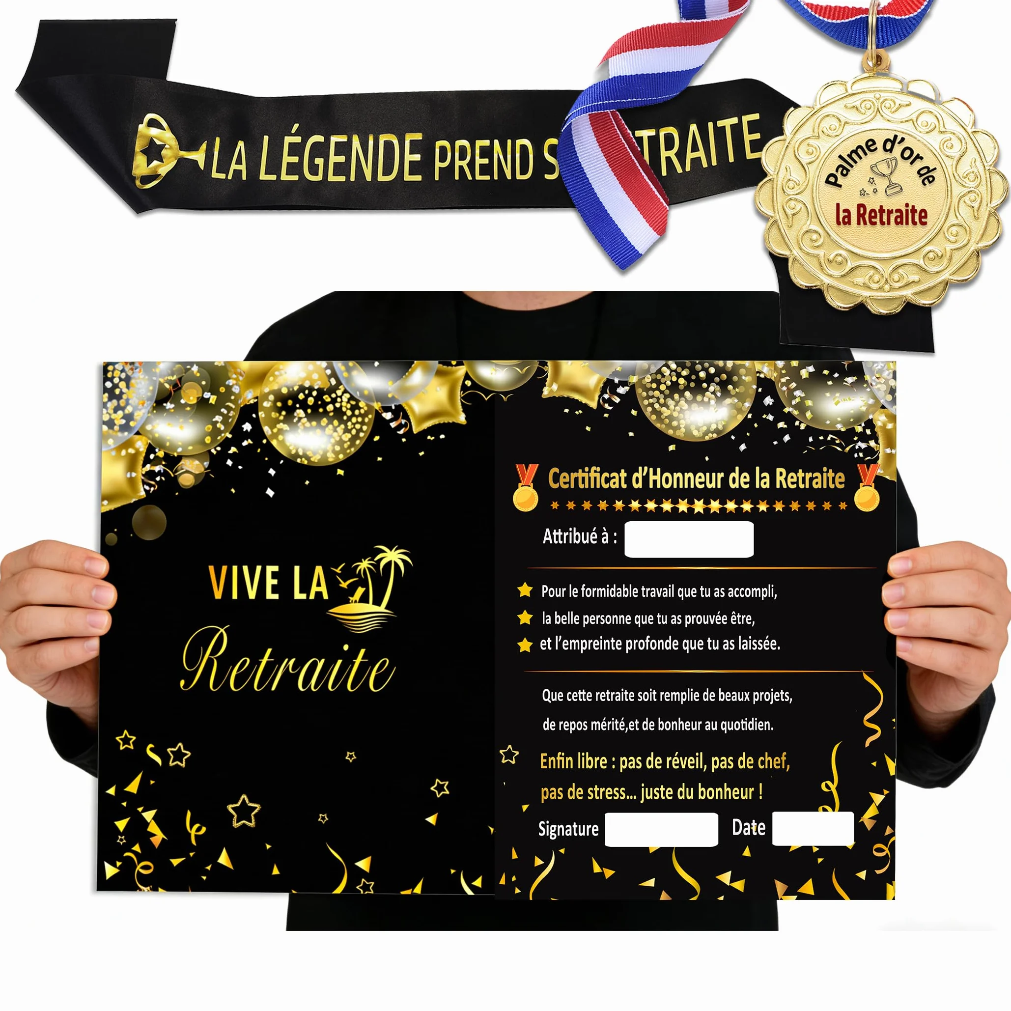 Set Humour XXL Carte de Vœux Retraite Écharpe Médaille Palme Dorée Idée Cadeau Originale