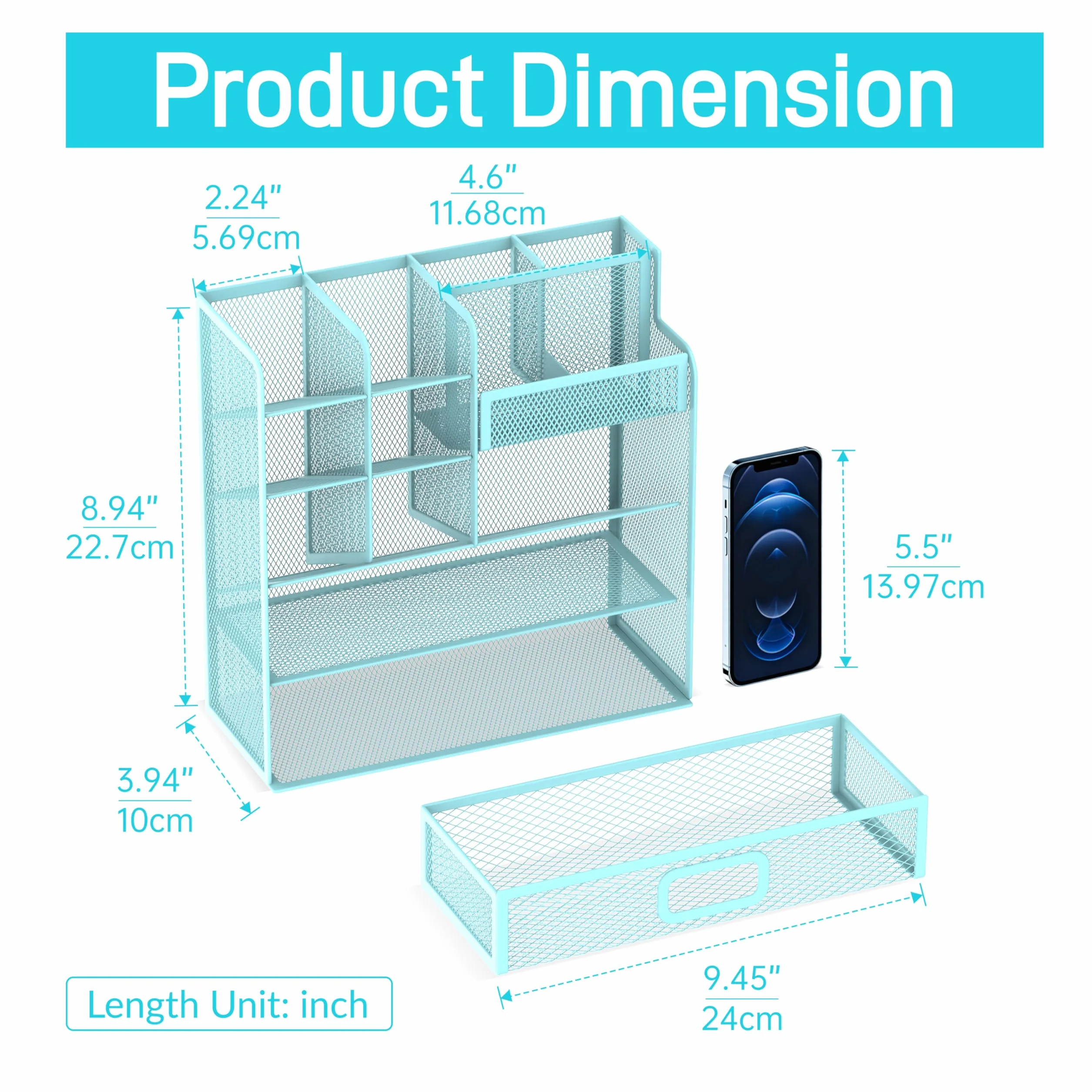 SUPEASY Porte-stylo organiseur bureau maille métallique bleu