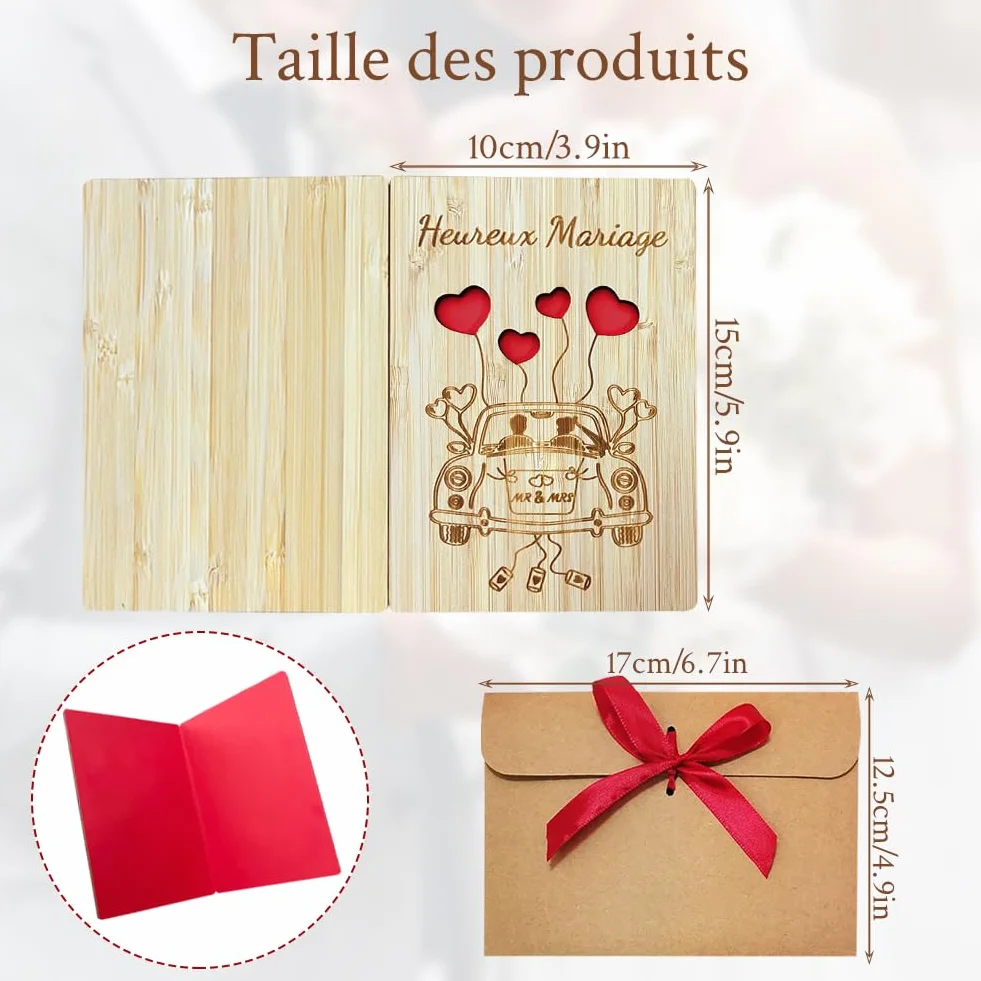 Carte de Vœux Mariage en Bois Originale avec Enveloppe, Carte Félicitation Mariage