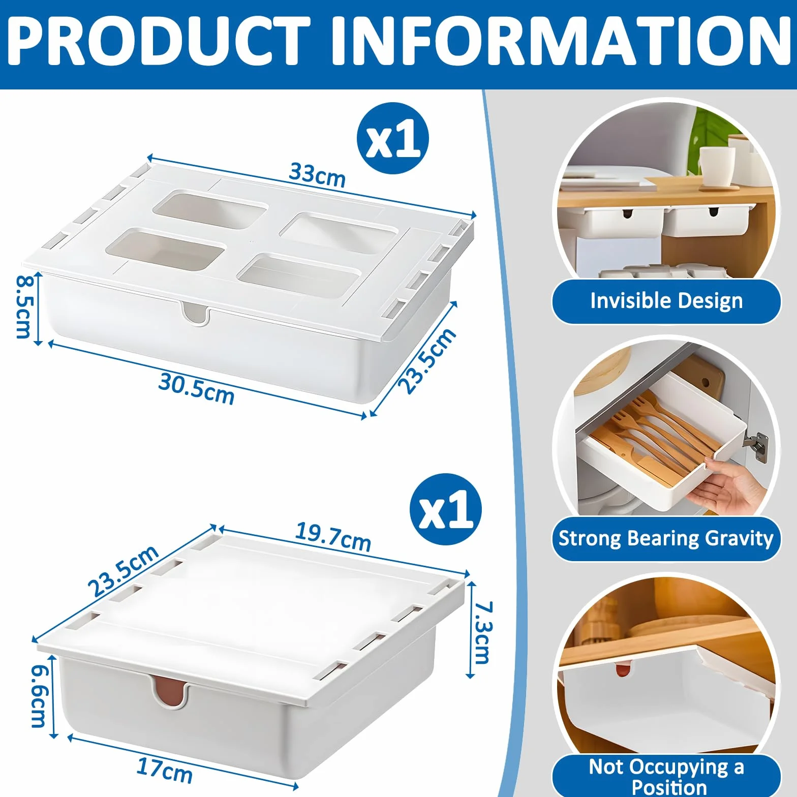 Lot de 2 Tiroirs de Rangement Autocollants, Sous Organisateur de Bureau, Grande Capacité, Blanc