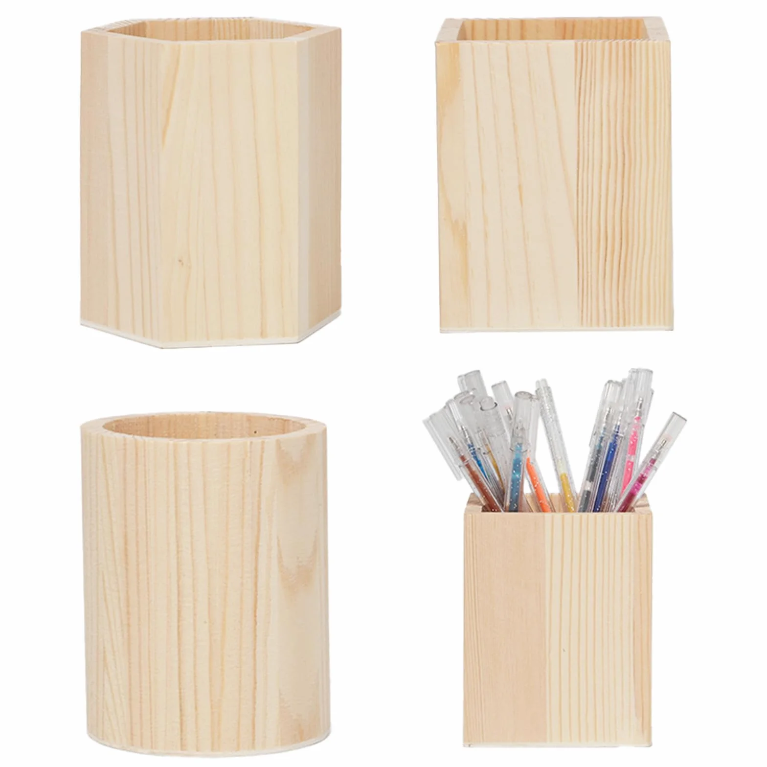 Porte-stylo en Bois Formes Géométriques Cylindre Hexagone Carré Pot à Crayons Multifonctionnel