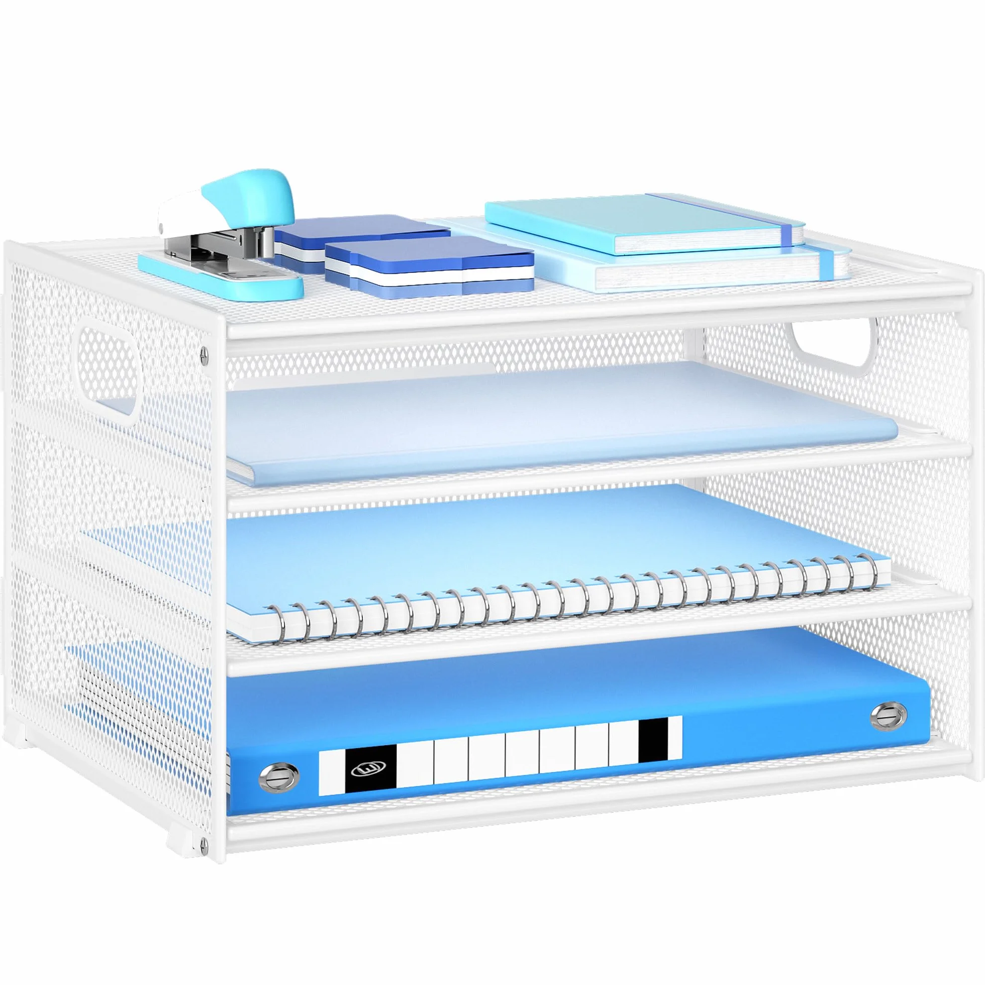Marbrasse Organiseur de Bureau 4 Niveaux Corbeilles à Courrier en Filet avec Poignée Porte-Revues Support de Rangement pour Papier Blanc