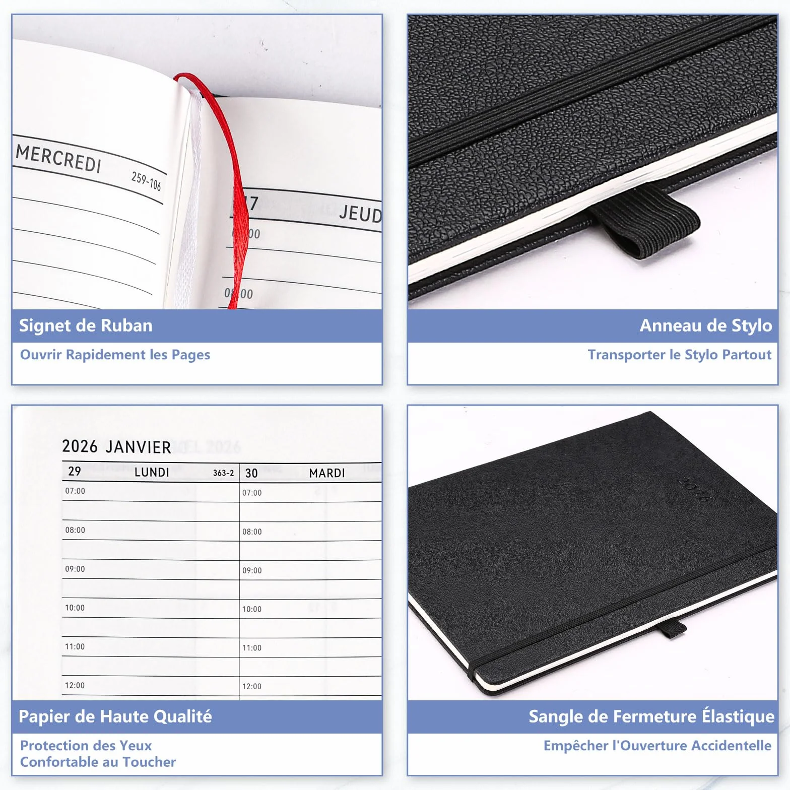 Agenda 2026 Semainier A4 Français Noir, Weekly Planner Horizontal Organiseur Hebdomadaire Professionnel Grand Format