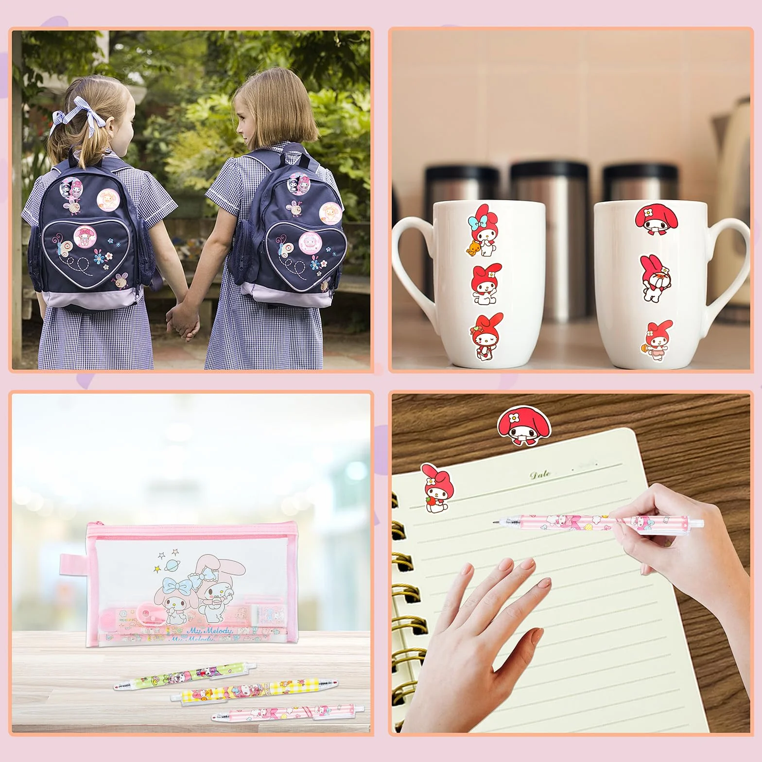 Ensemble Kawaii Mel-dy avec stylos, autocollants, trousse rose pour rentrée scolaire