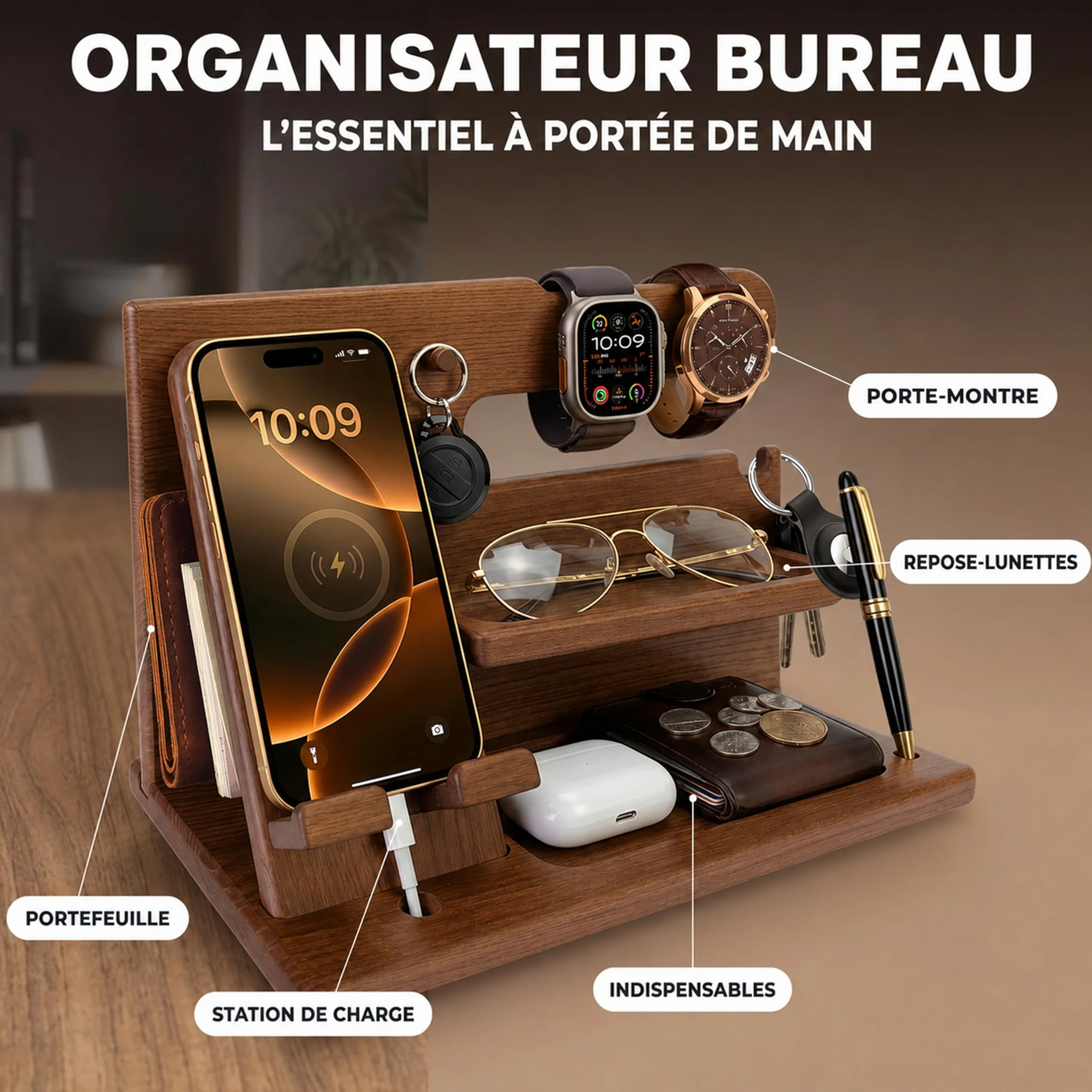 Organisateur de Bureau en Bois avec Support Téléphone et Montre, Station d’Accueil, Docking Station, Beige