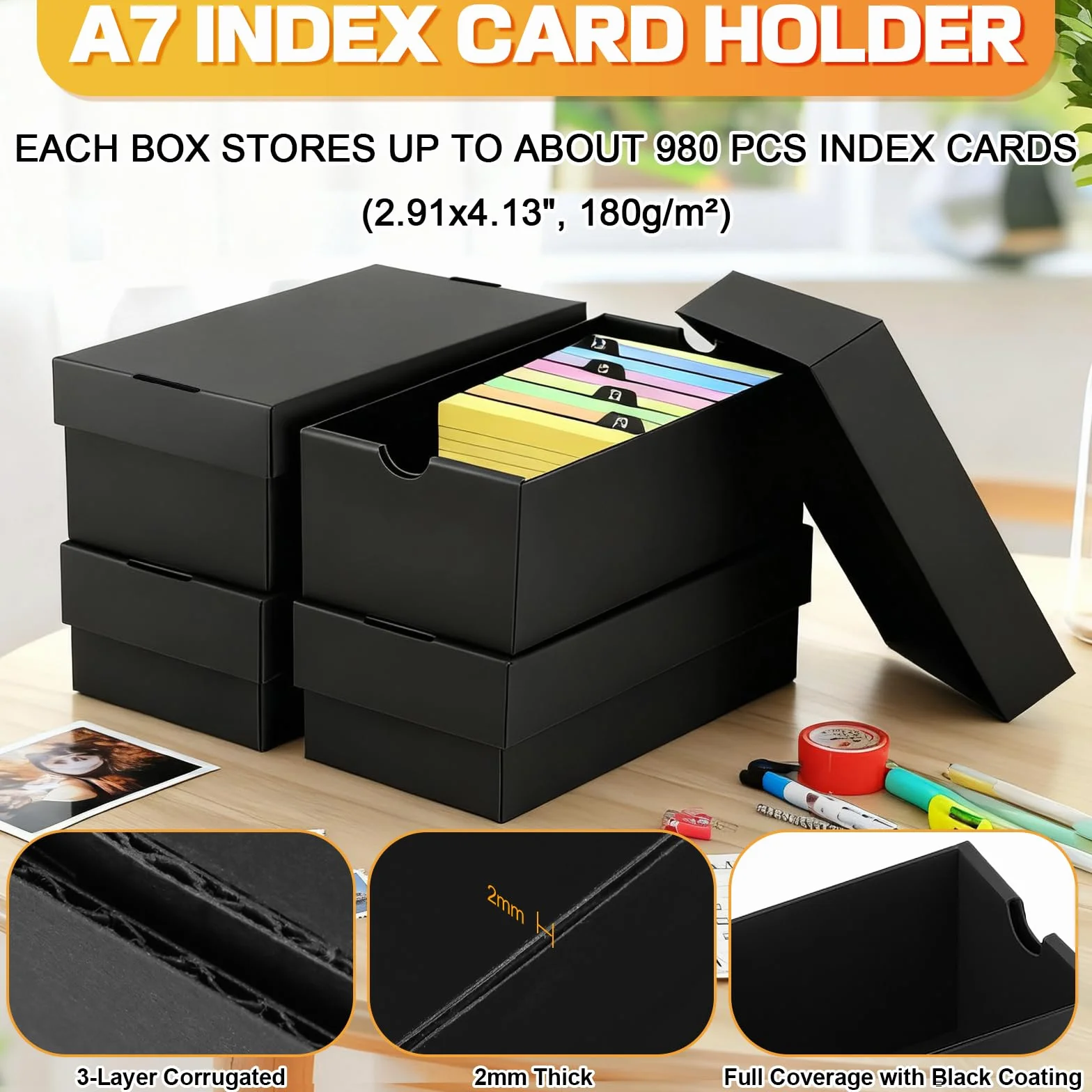 Boîtes À Fiches A7 112 Intercalaires 74×105mm Noir pour Flash Cards Organisation