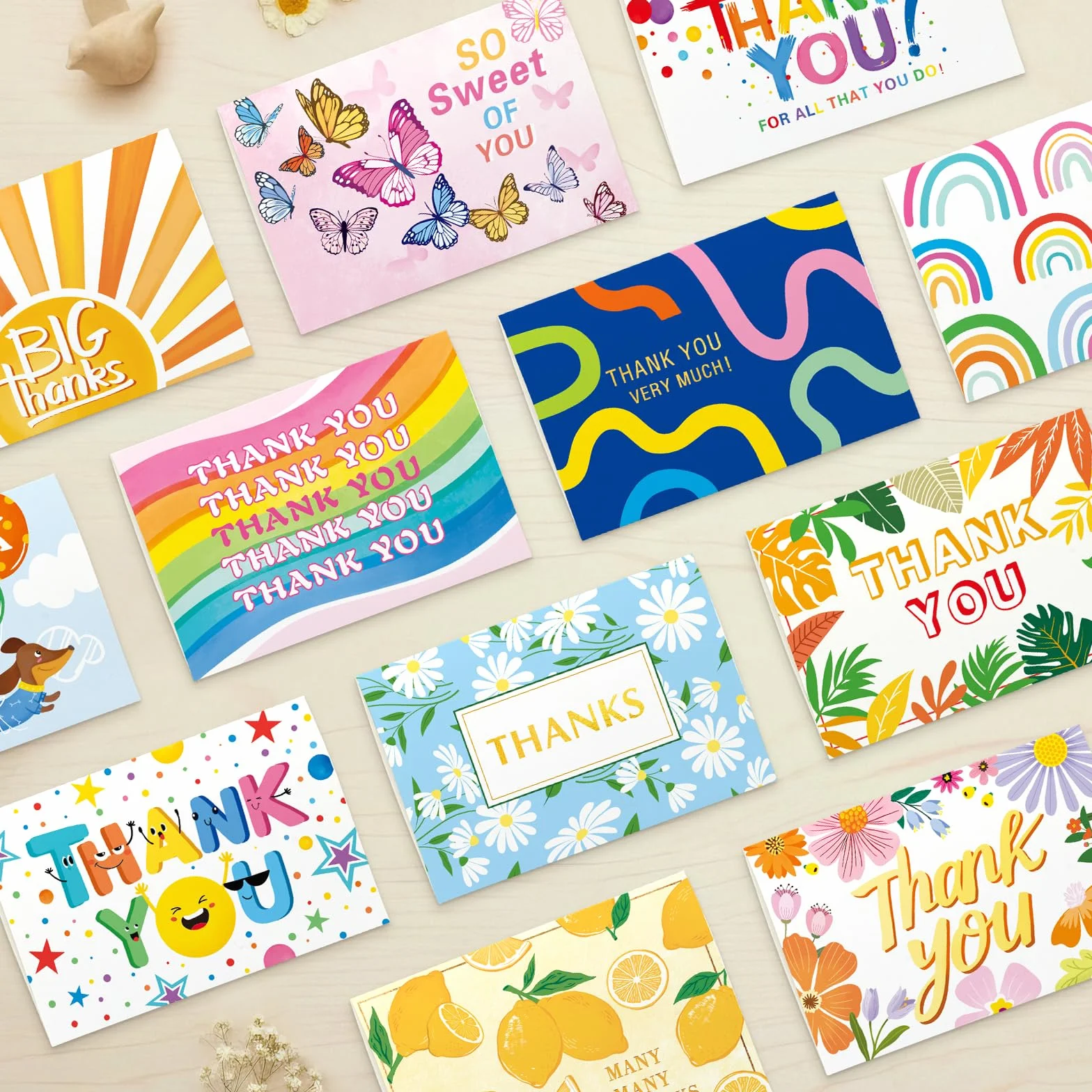 Cartes de Remerciements 48 Pièces 12 Modèles avec Enveloppes et Autocollants 4x6 Pouces pour Enfants Amis Famille