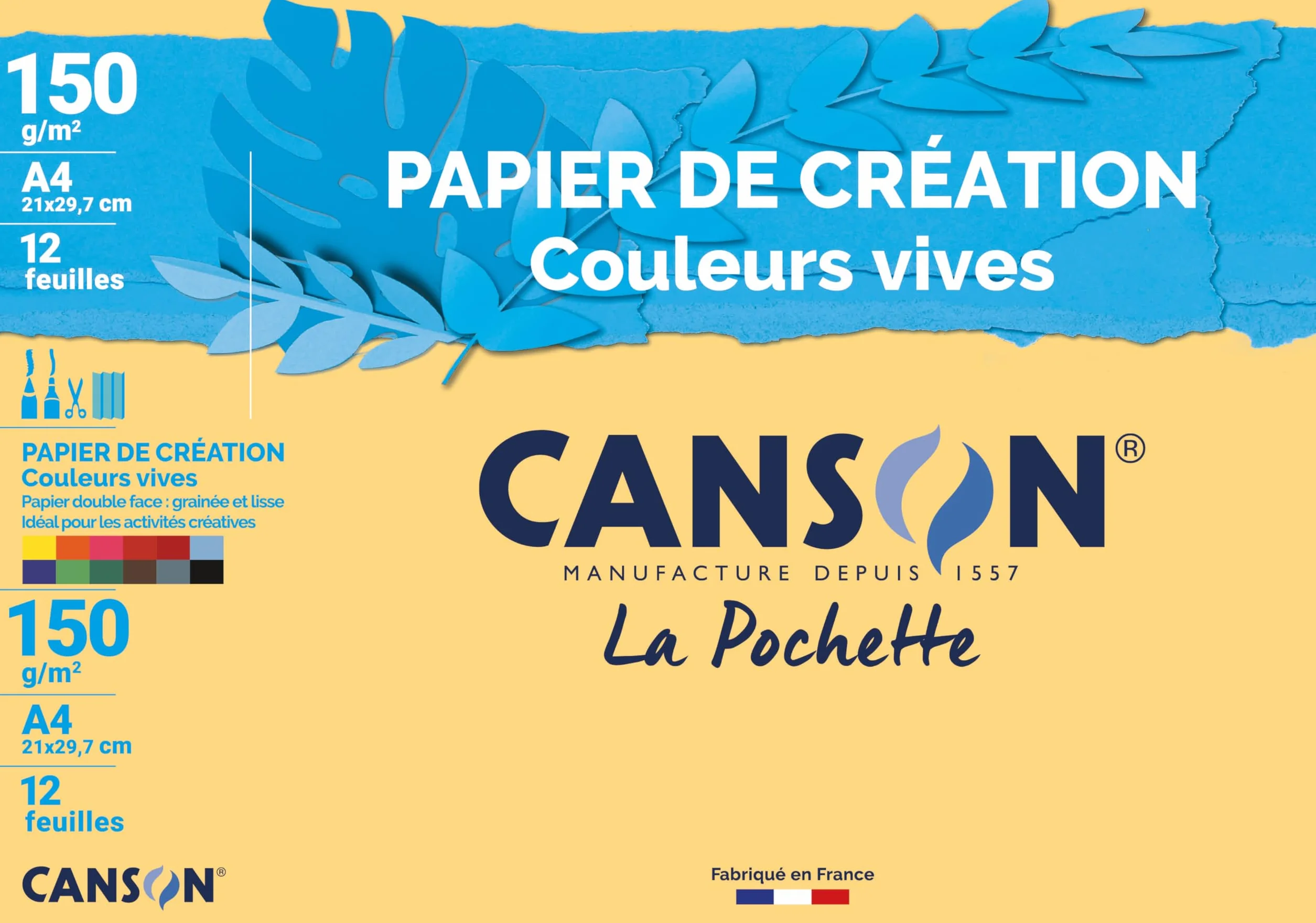 CANSON Papier Création A4 150g/m² 12 Feuilles Couleurs Vives Assorties