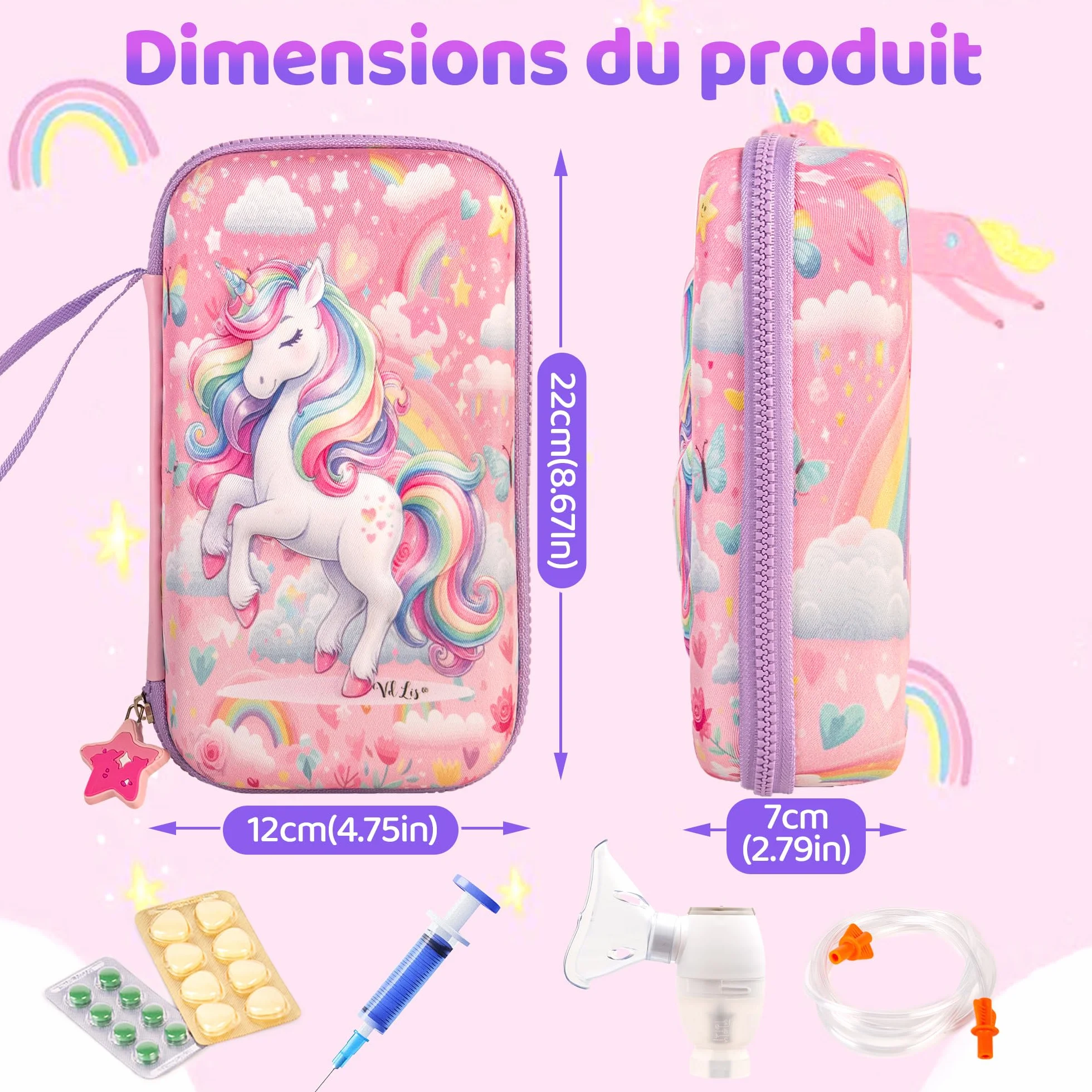 Étui Inhalateur Enfant EVA Chambre d’Inhalation Spacer Nébuliseur Portable Trousse PAI École Motif Licorne