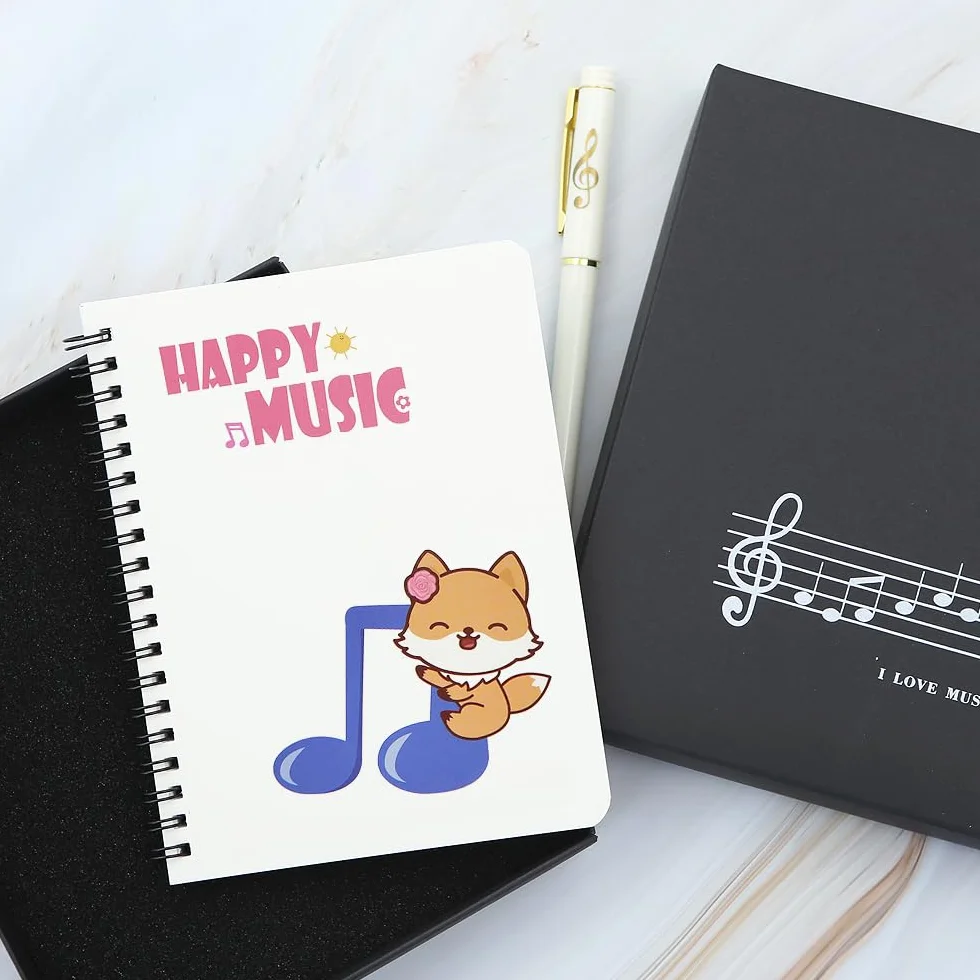 Coffret cadeau papeterie piano musical, carnet spirale feuilles mobiles avec stylo bille