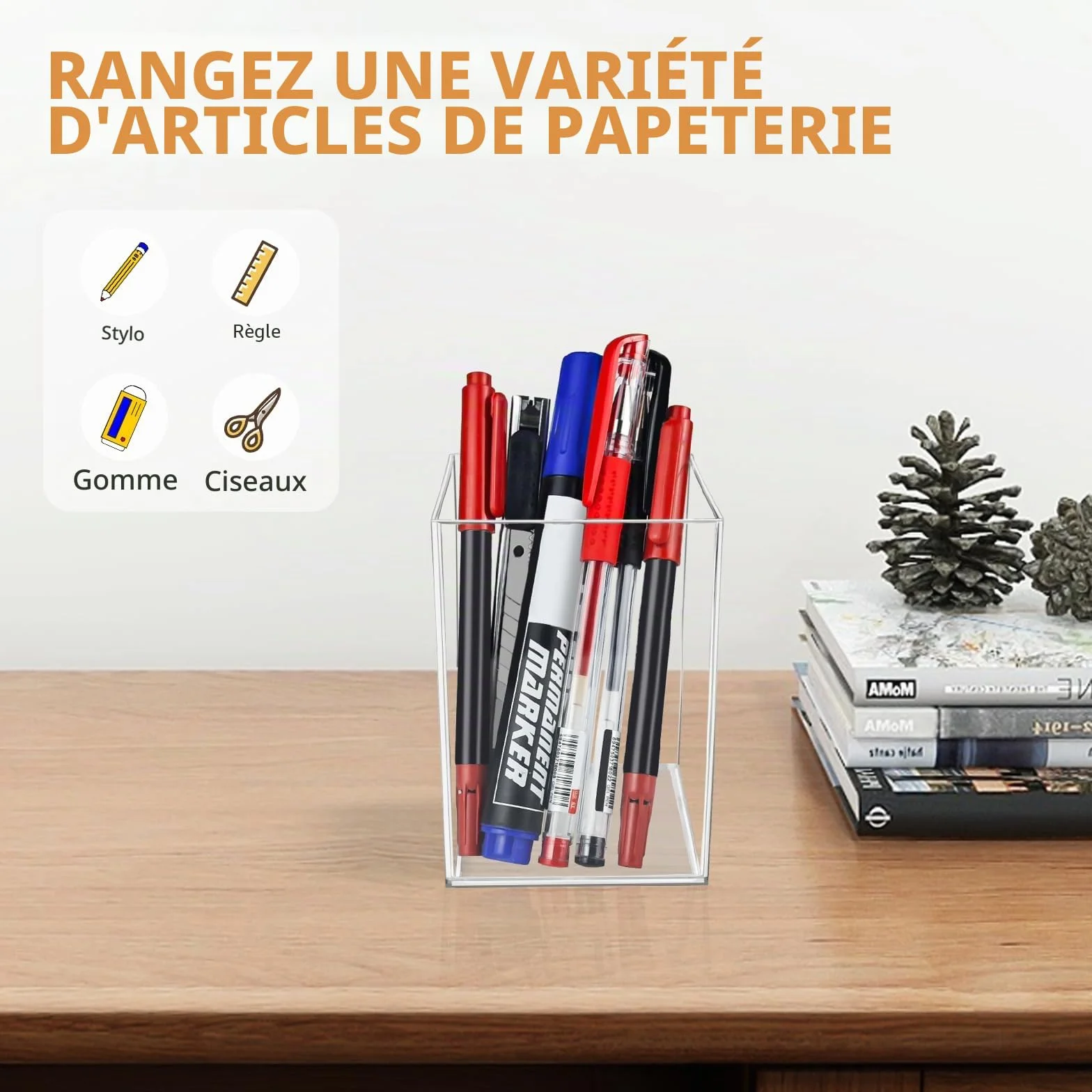 Pot à Crayon en Acrylique Transparent 6 Pièces, Rangement Pinceaux Maquillage Bureau
