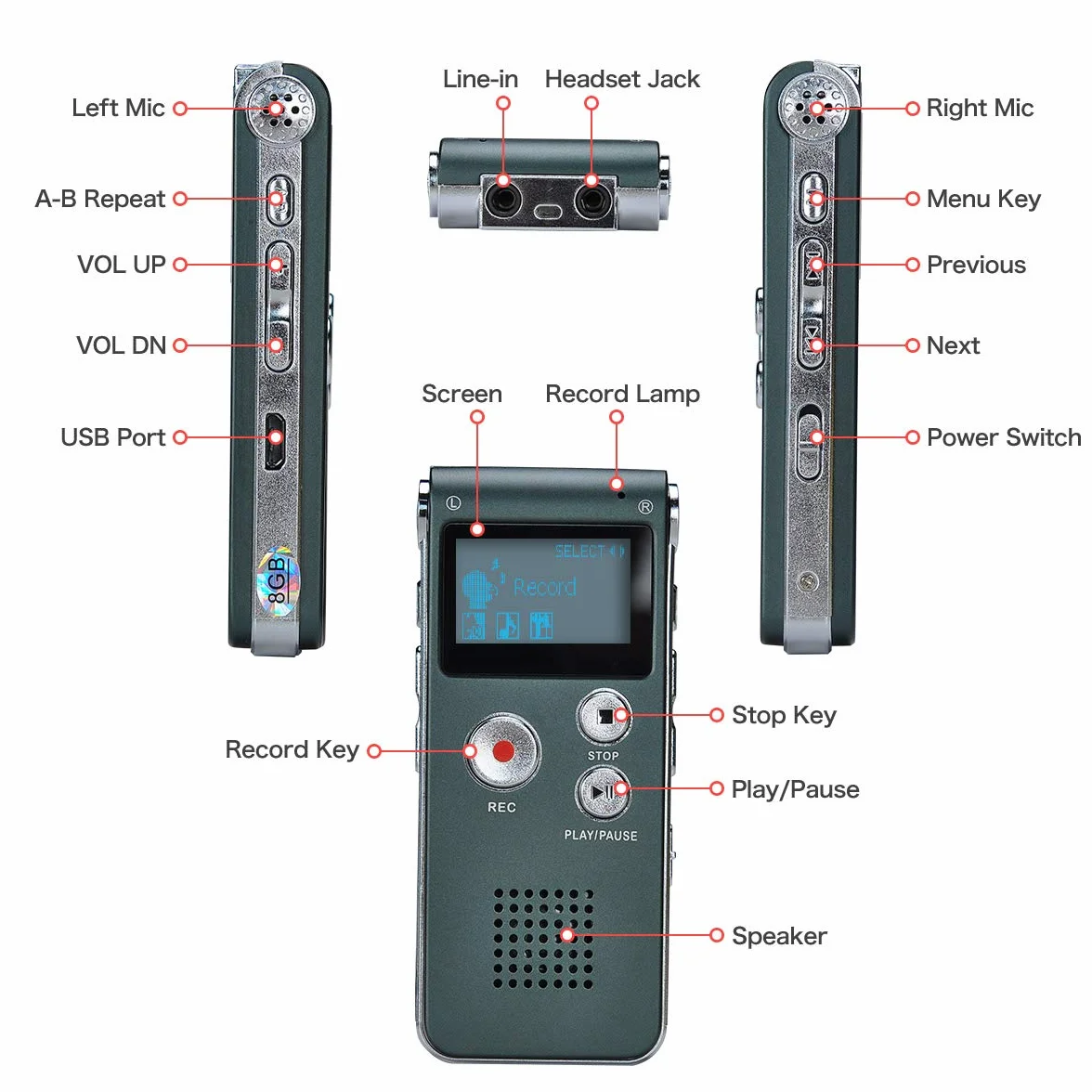 Dictaphone Enregistreur Numérique Portable 8GB Enregistreur Vocal Audio Lecteur MP3 LCD (Gray)