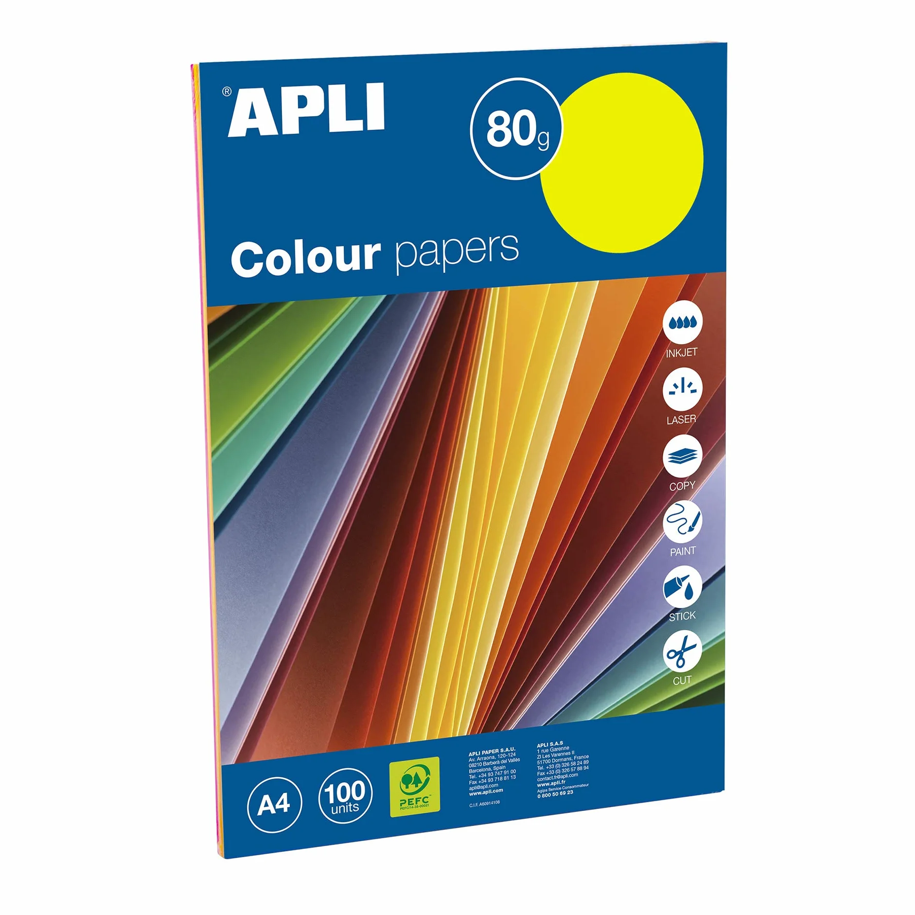 Apli Papier A4 Fluo 100 Feuilles Jaune Orange Rouge Vert