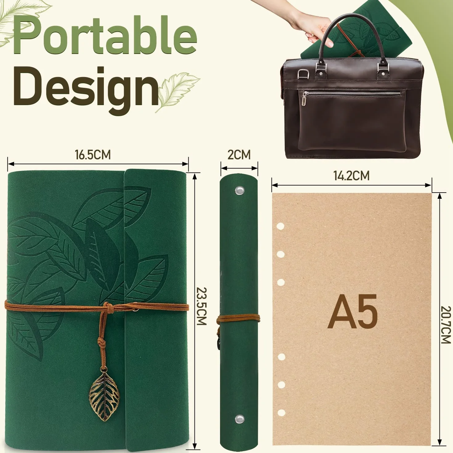 Carnet de Notes A5 Cuir 160 Pages 100 g/m² 14.1x21cm Couverture Rigide avec Bande Élastique (Vert)