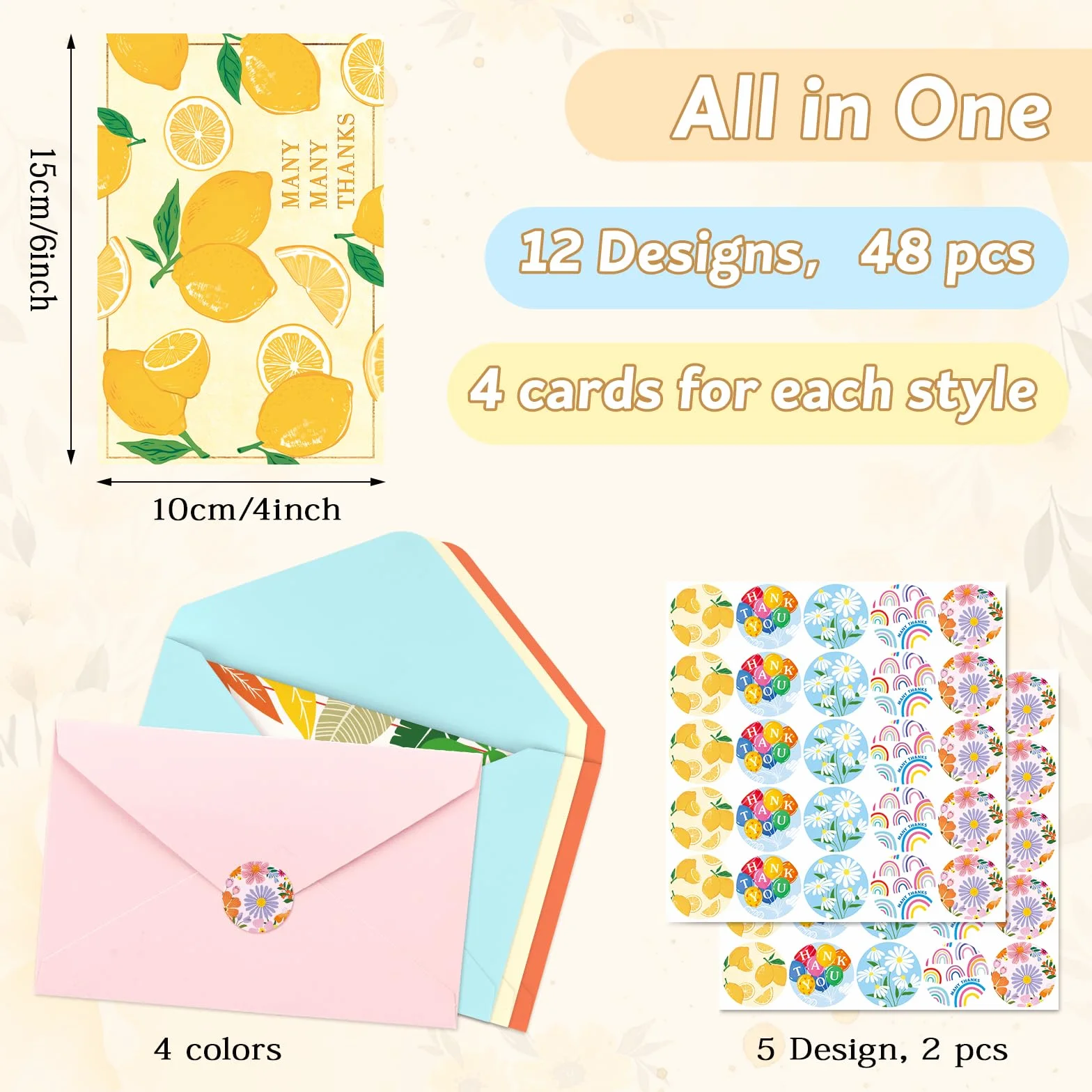 Cartes de Remerciements 48 Pièces 12 Modèles avec Enveloppes et Autocollants 4x6 Pouces pour Enfants Amis Famille