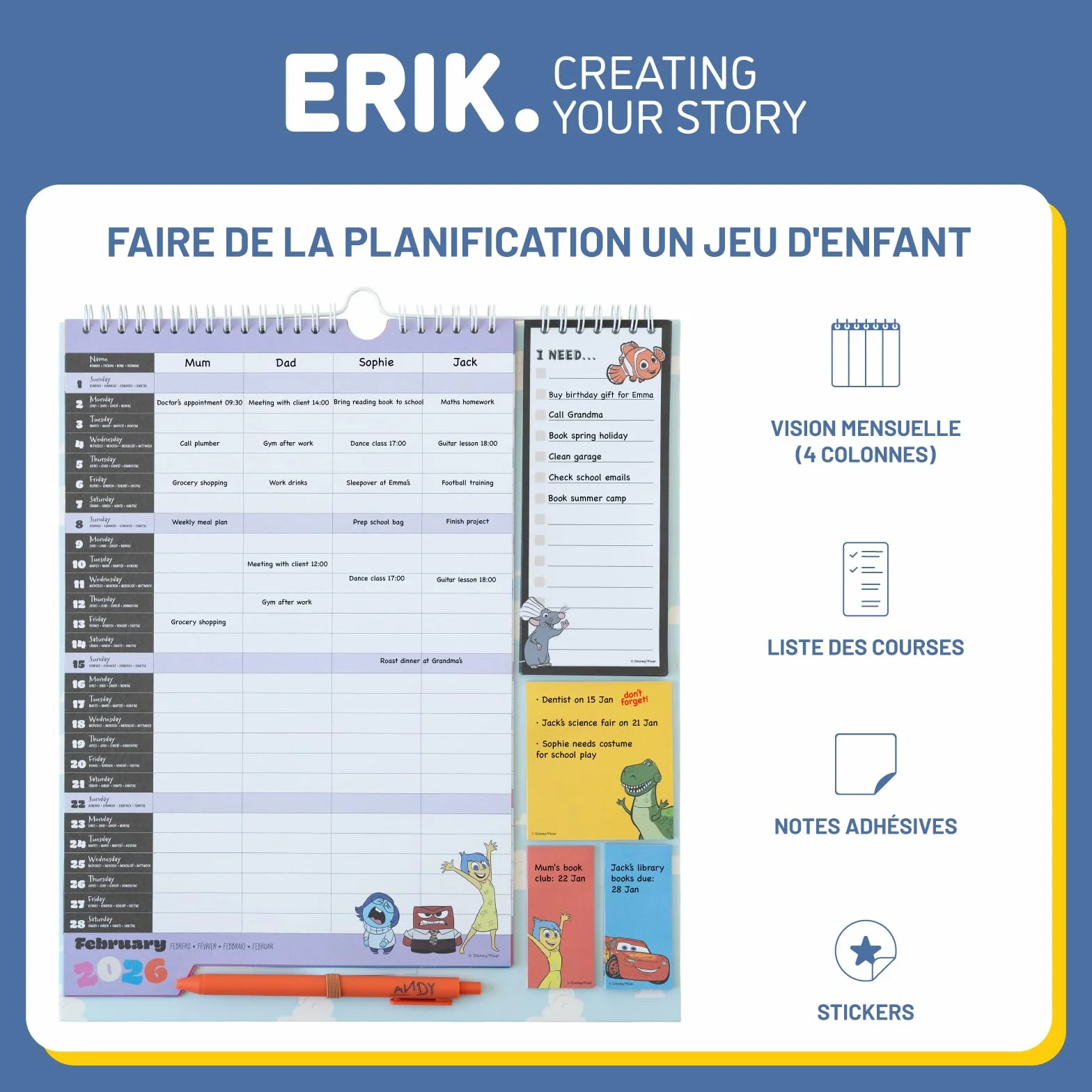 Calendrier Disney Pixar 2025 2026 16 mois Planificateur Mensuel Familial avec Crochet