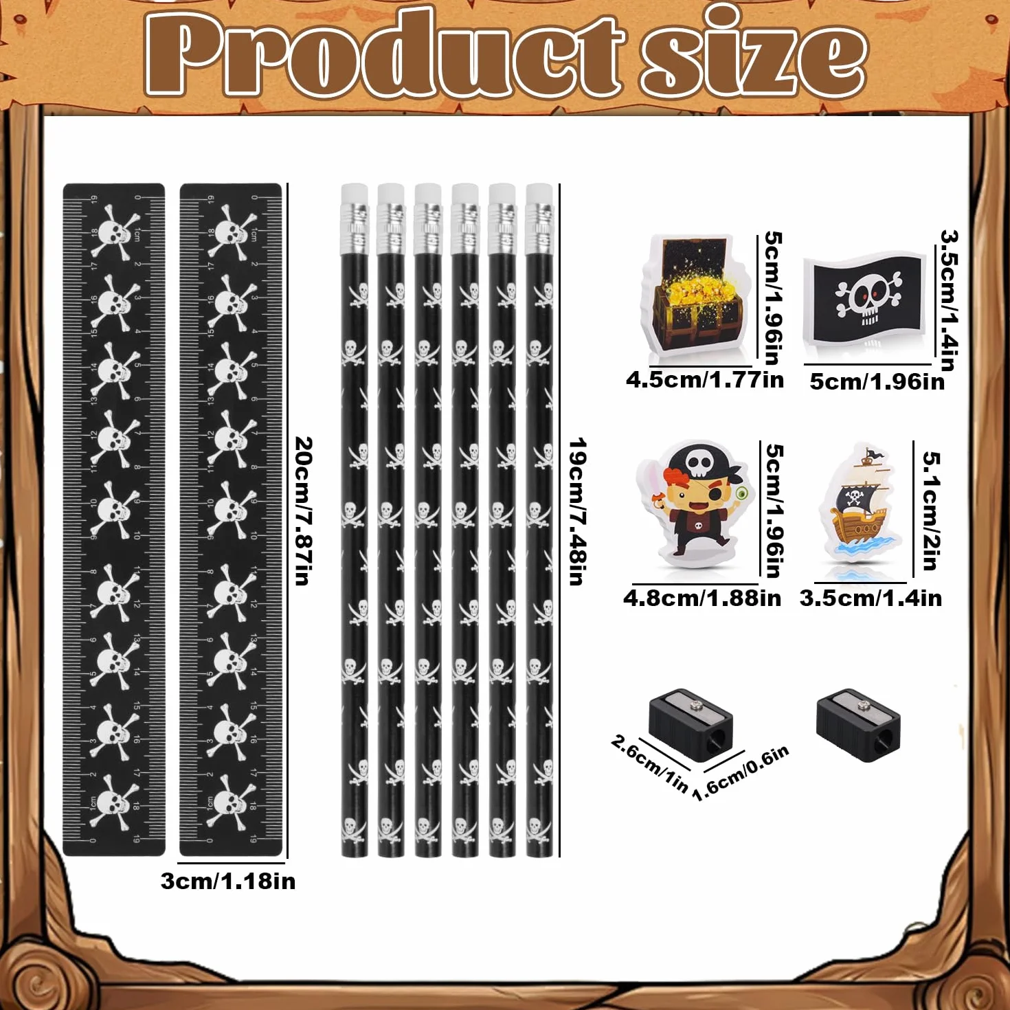 Kit d'écriture scolaire pirate avec crayons, gomme, règle, taille-crayon, lot de 14