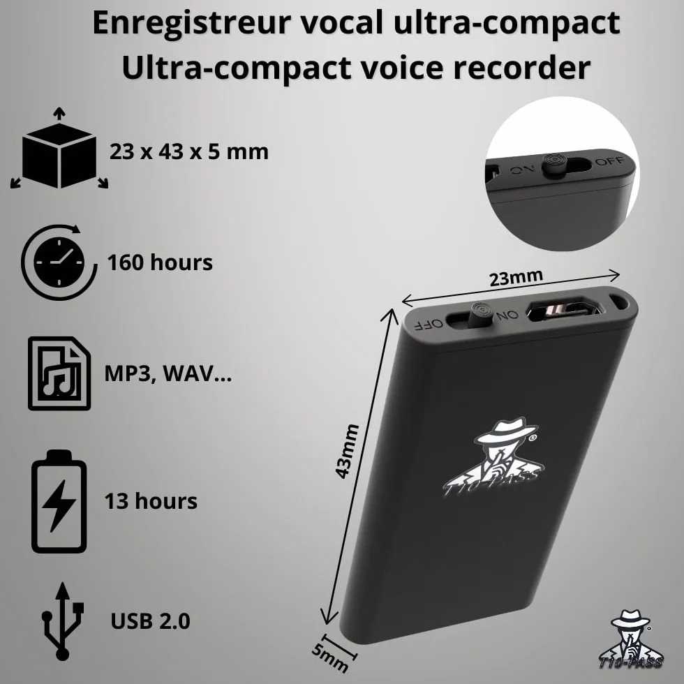 Micro espion USB-C T10-PASS enregistreur vocal discret ultra-compact 4x2cm 5mm fonctionnement silencieux sans bip LED réunions voiture usage professionnel marque française